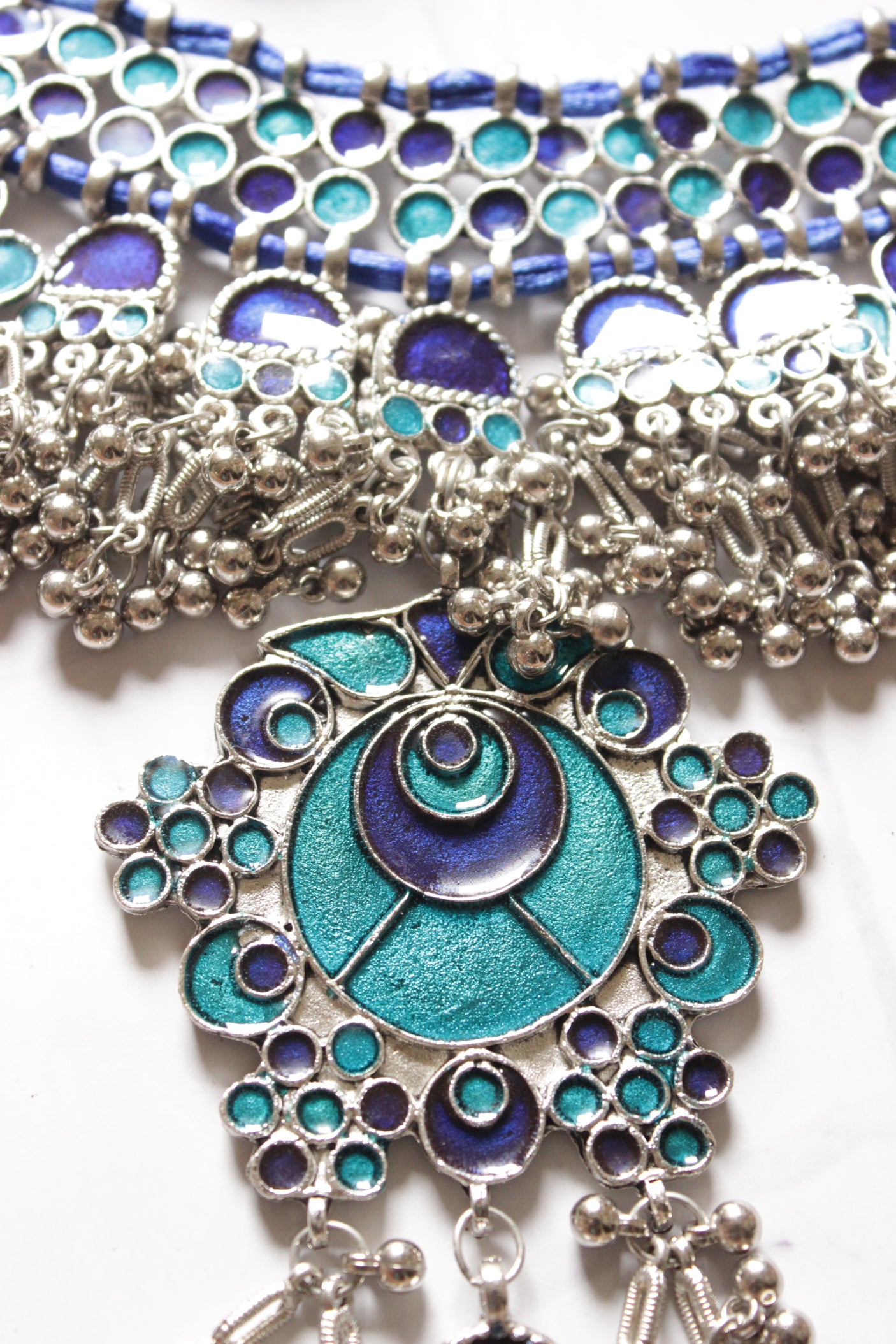 Shades of Blue Enamel Painted Elaborate Afghani Adjustable Choker Necklace Set