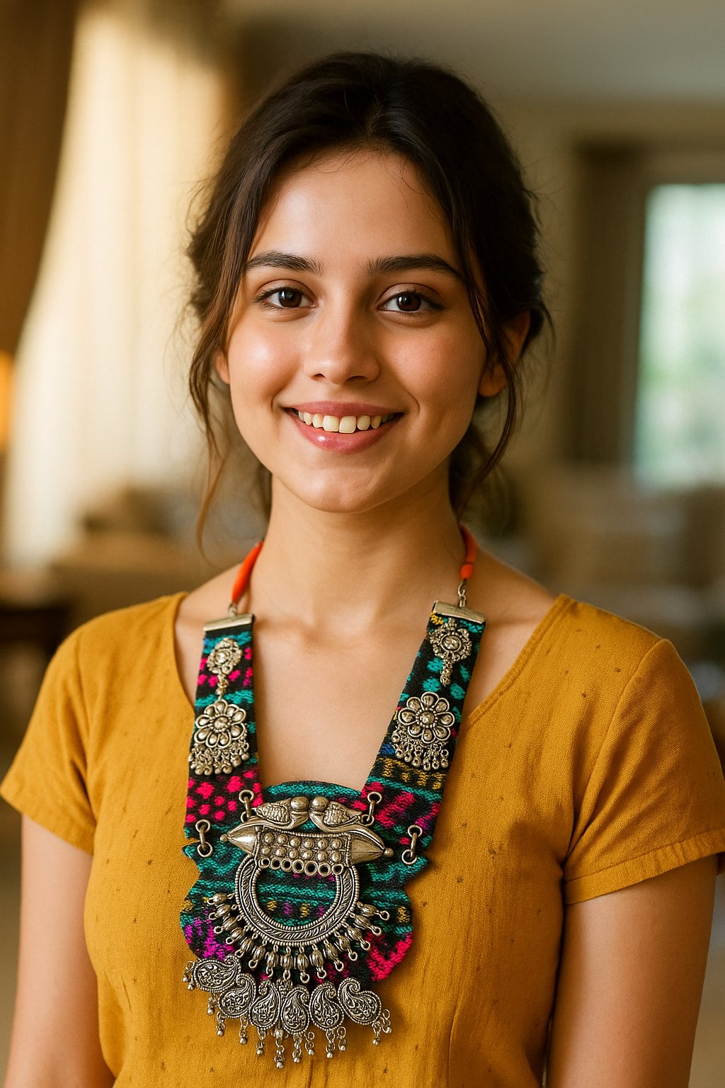 Black and Multi-Color Hand Embroidered Collar Necklace with Metal Accents
