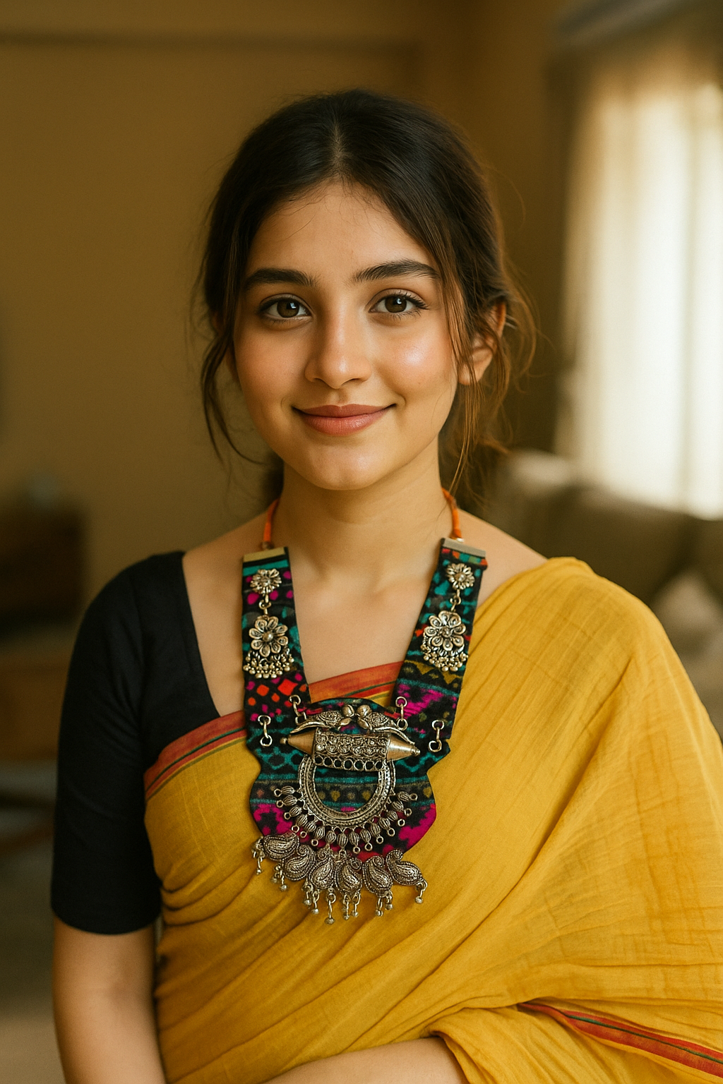 Black and Multi-Color Hand Embroidered Collar Necklace with Metal Accents
