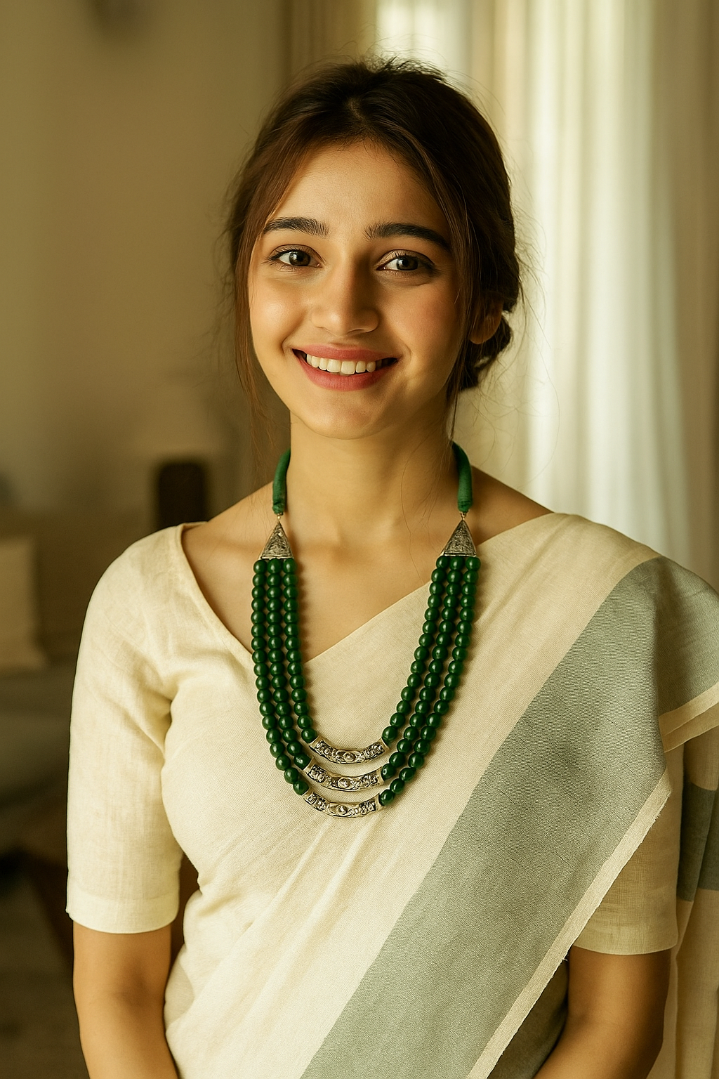 Green Glass Beads Metal 3 Layer Necklace