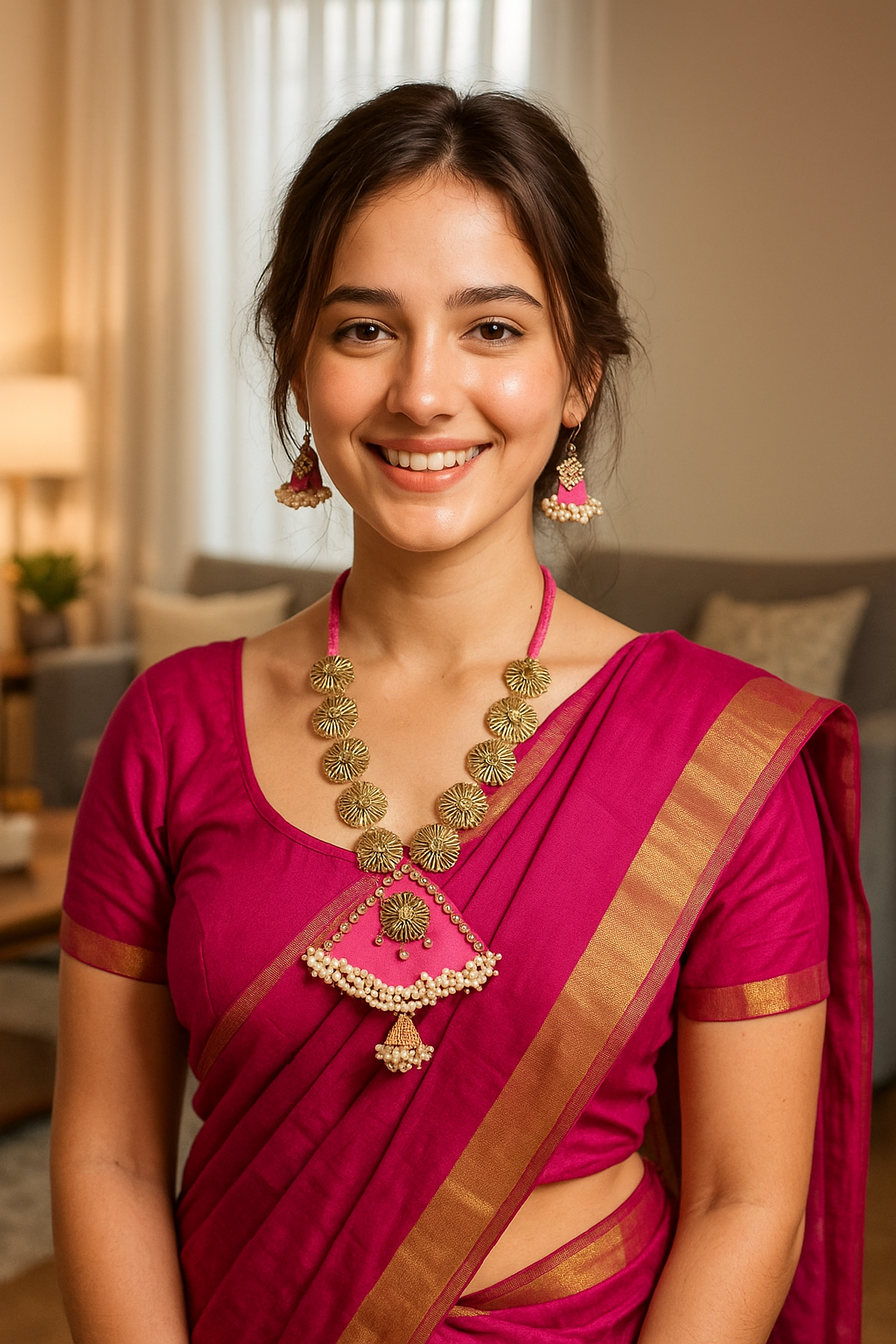 Handmade Pink Fabric Necklace Set with Gold Metal Accents