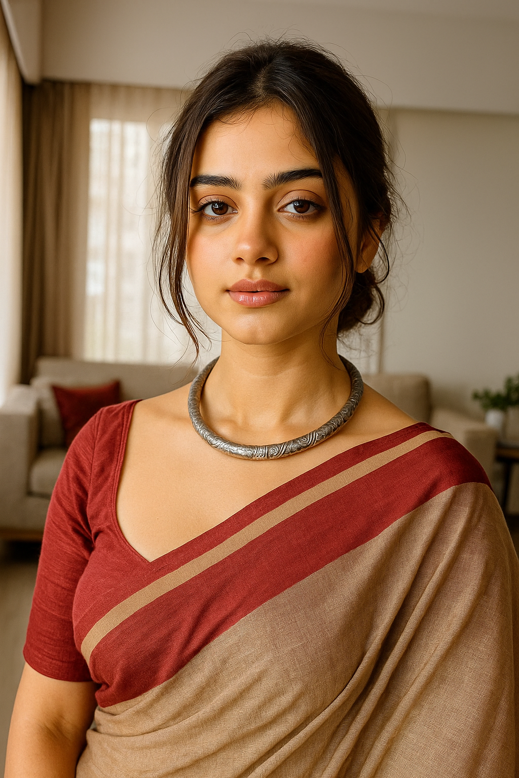 Oxidised Finish Metal Hasli Detailed with Engraved Flora and Fauna Motifs