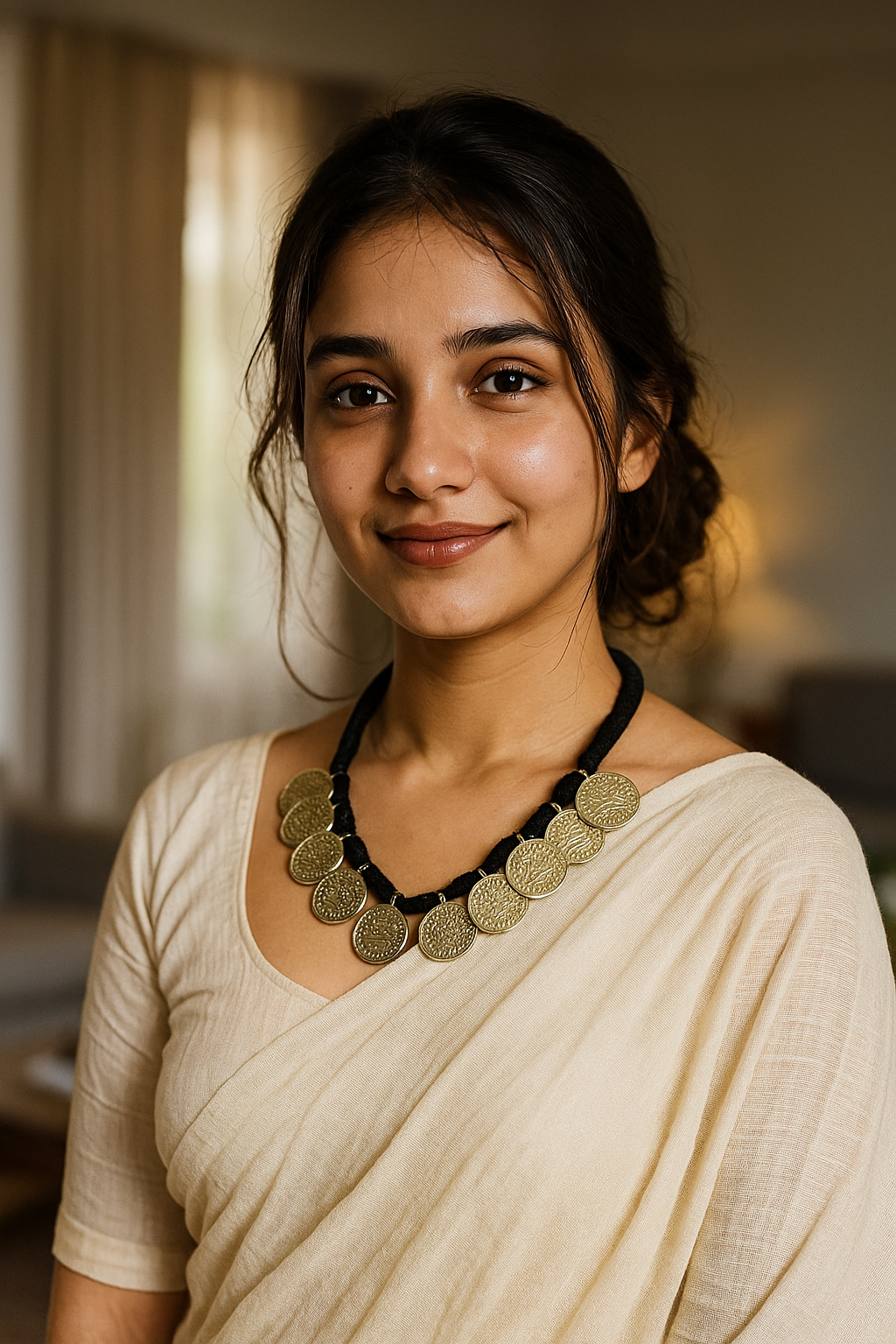 Stamped Metal Coins Braided in Black Fabric Threads Necklace