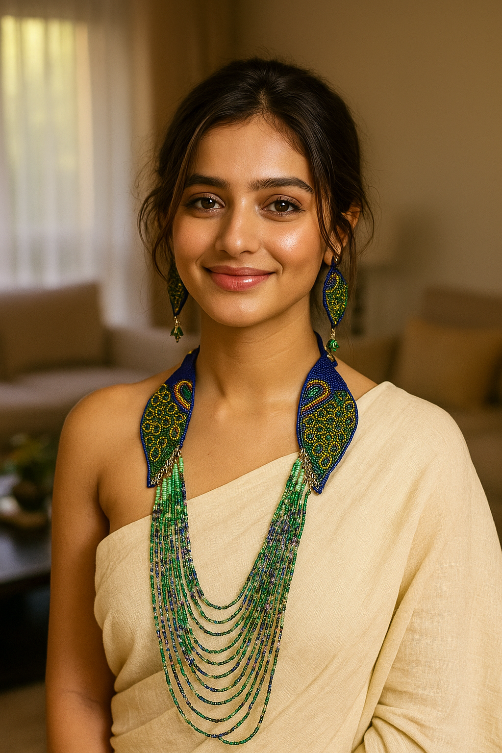 Vibrant Peacock Colors Beaded Multi-Layer Chain Closure Necklace Set