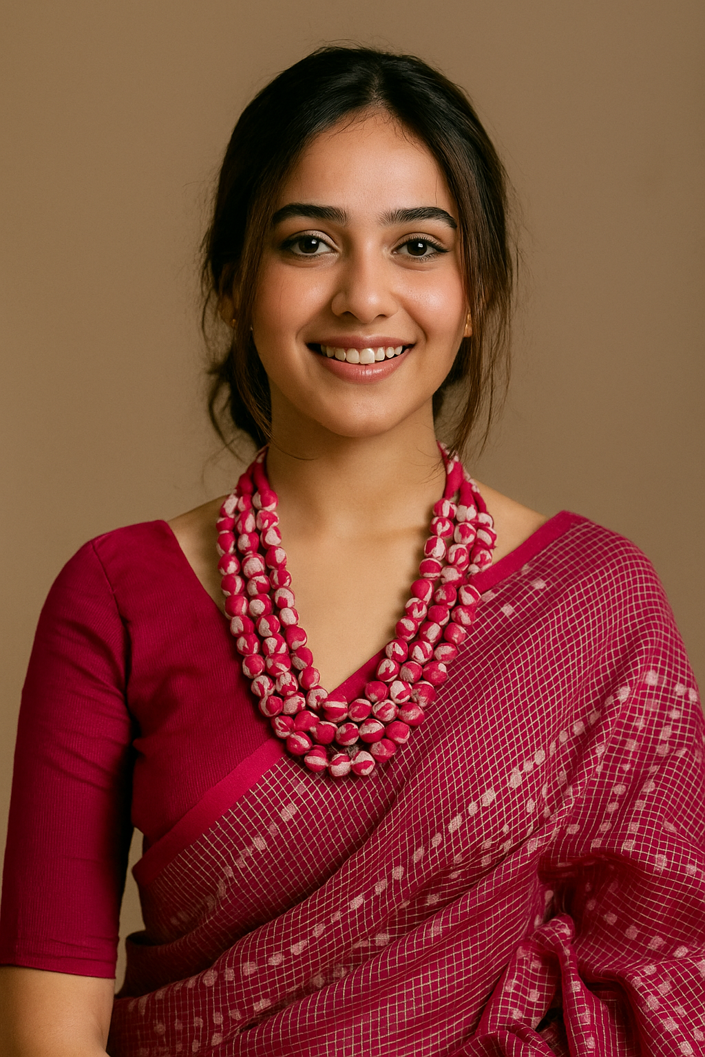 Pink & Off-White Fabric Beads 3 Layer Handmade Necklace