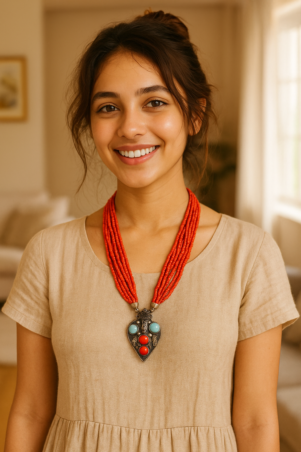 Multi-Layer Orange Hand Beaded Necklace with Oxidised Metal Tribal Pendant