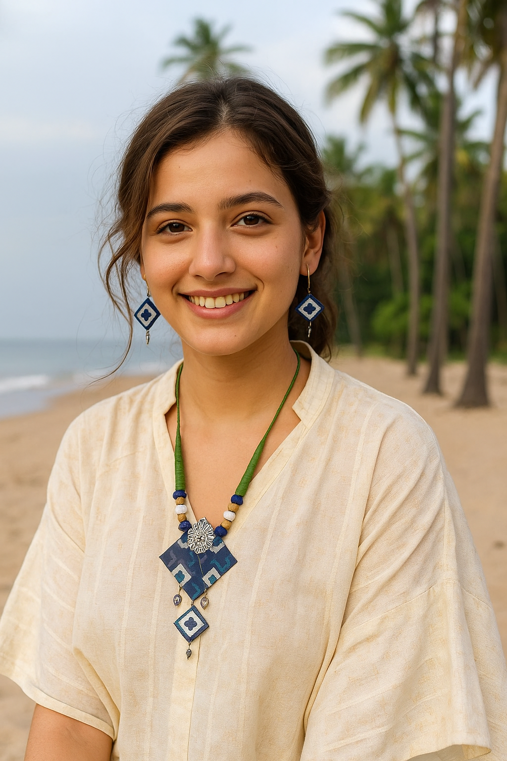 Handmade Exclusive Blue Fabric Necklace Set