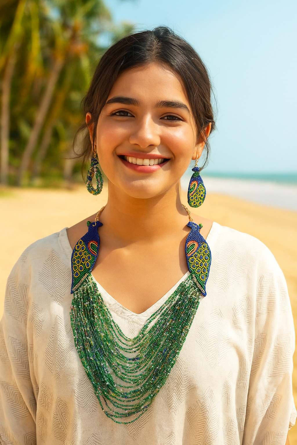 Vibrant Peacock Colors Beaded Multi-Layer Chain Closure Necklace Set