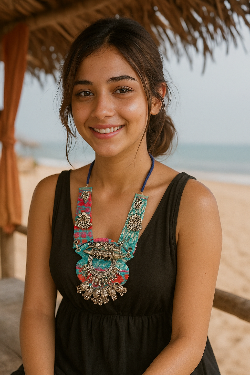 Blue and Multi-Color Hand Embroidered Collar Necklace with Metal Accents