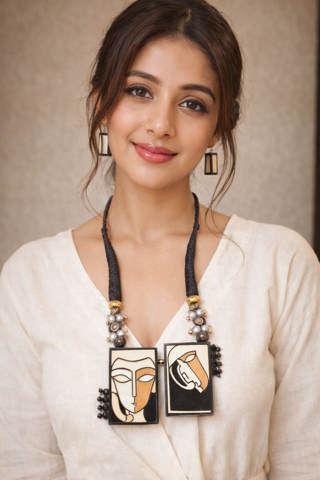 Hand Painted Terracotta Clay Pendant Adjustable Closure Choker Necklace Set