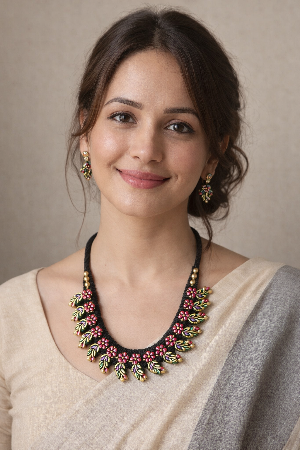 Flowers and Leaves Hand Painted Terracotta Clay Choker Necklace Set with Adjustable Thread Closure