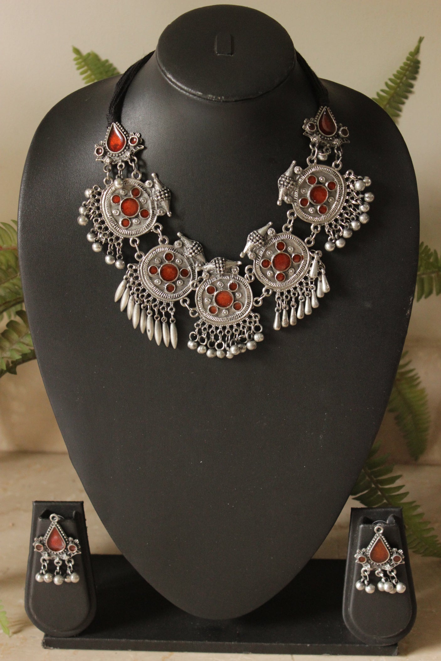 Red Enamel Painted Premium Oxidised Finish Choker Necklace Set