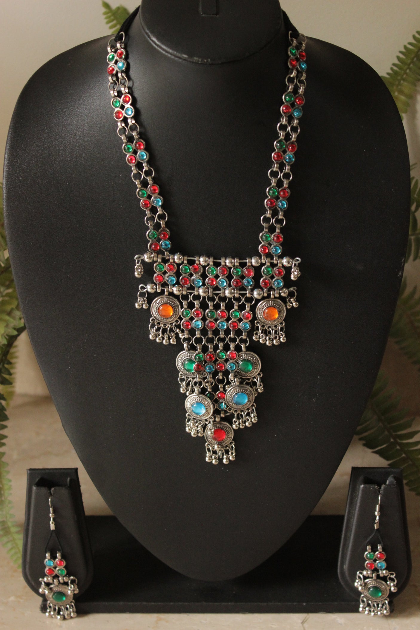 Multi-Color Glass Work Oxidised Finish Long Adjustable Length Necklace Set