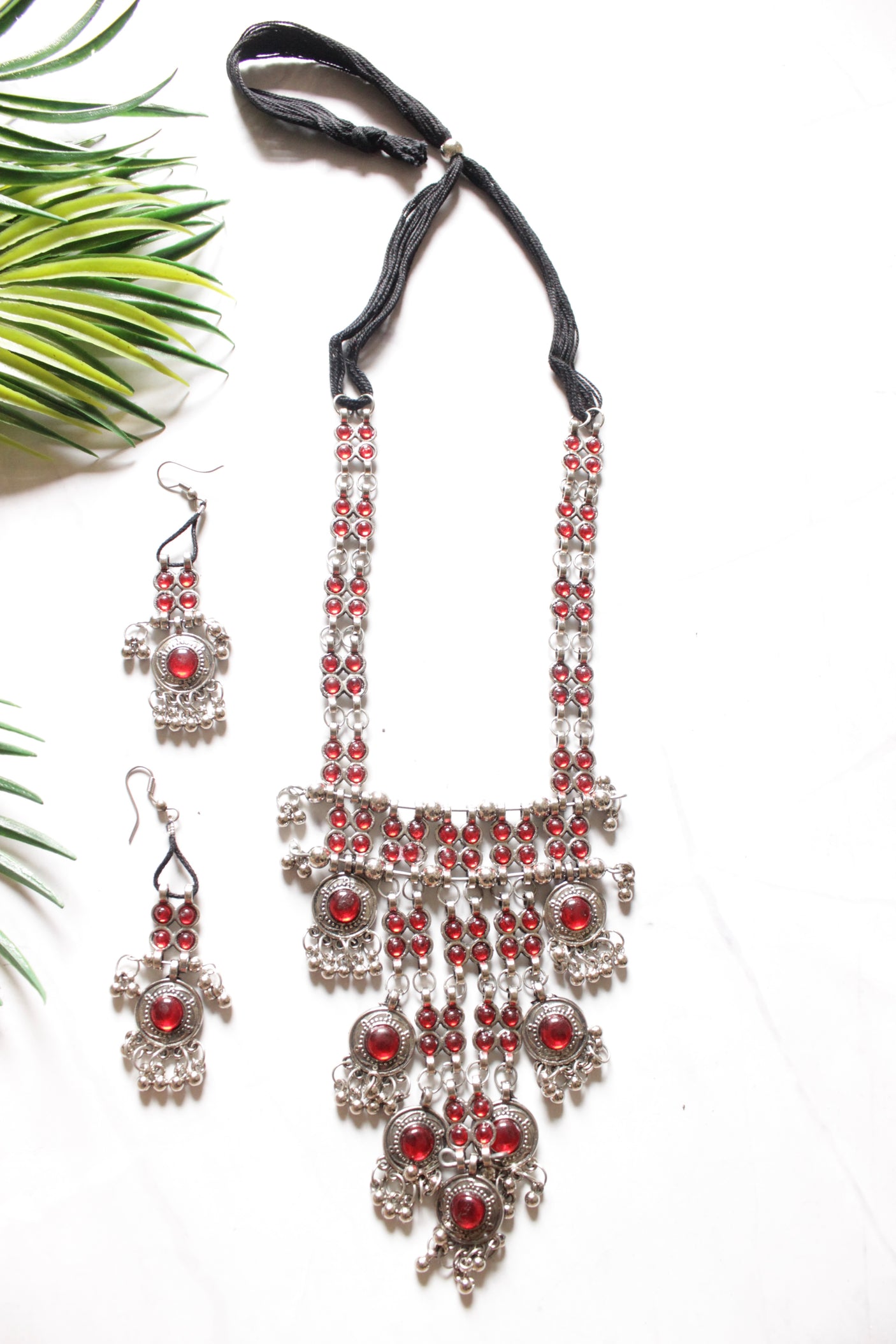 Red Glass Work Oxidised Finish Long Adjustable Length Necklace Set