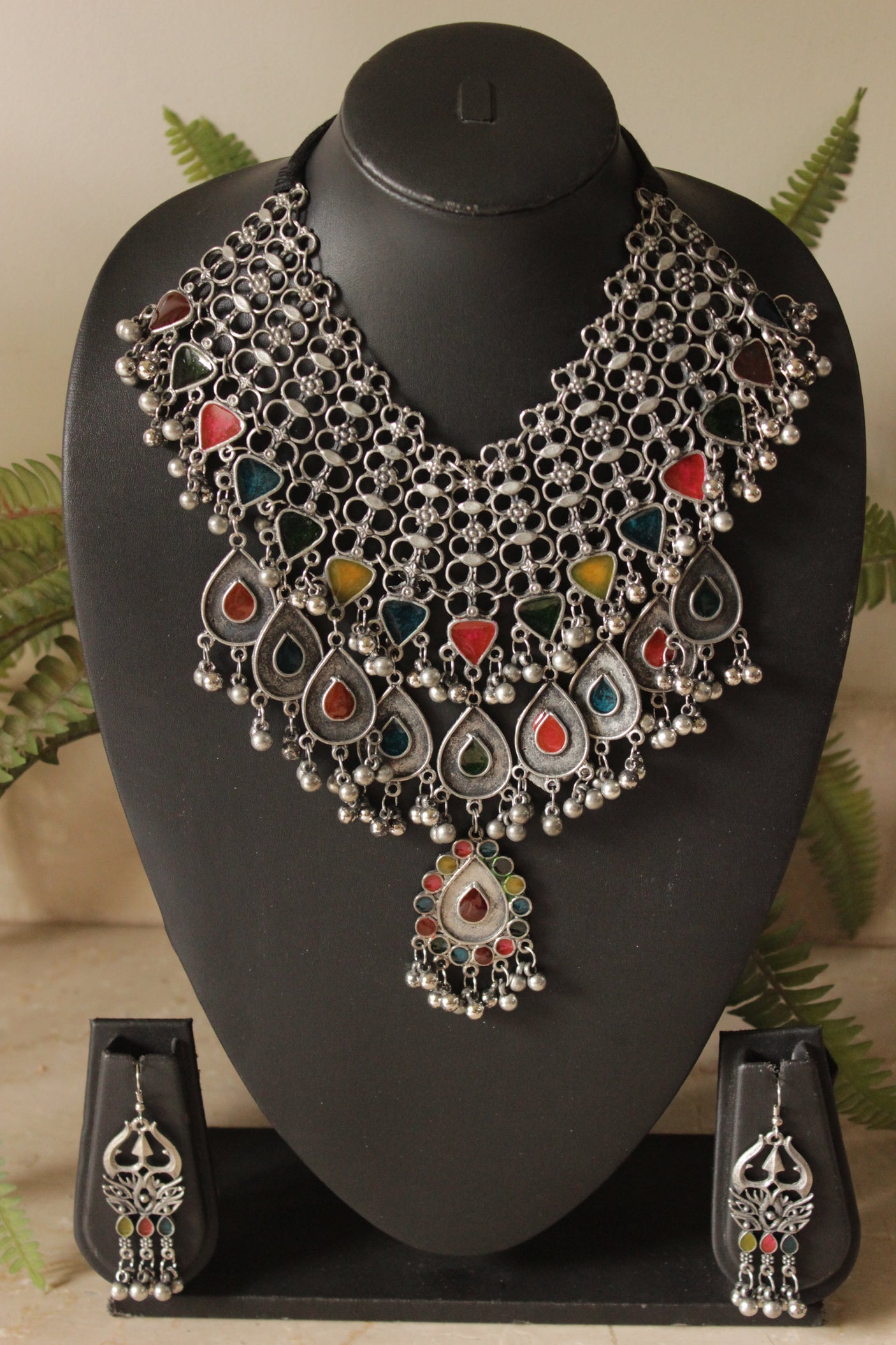 Multi-Color Enamel Painted Premium Oxidised Finish Elaborate Choker Necklace Set