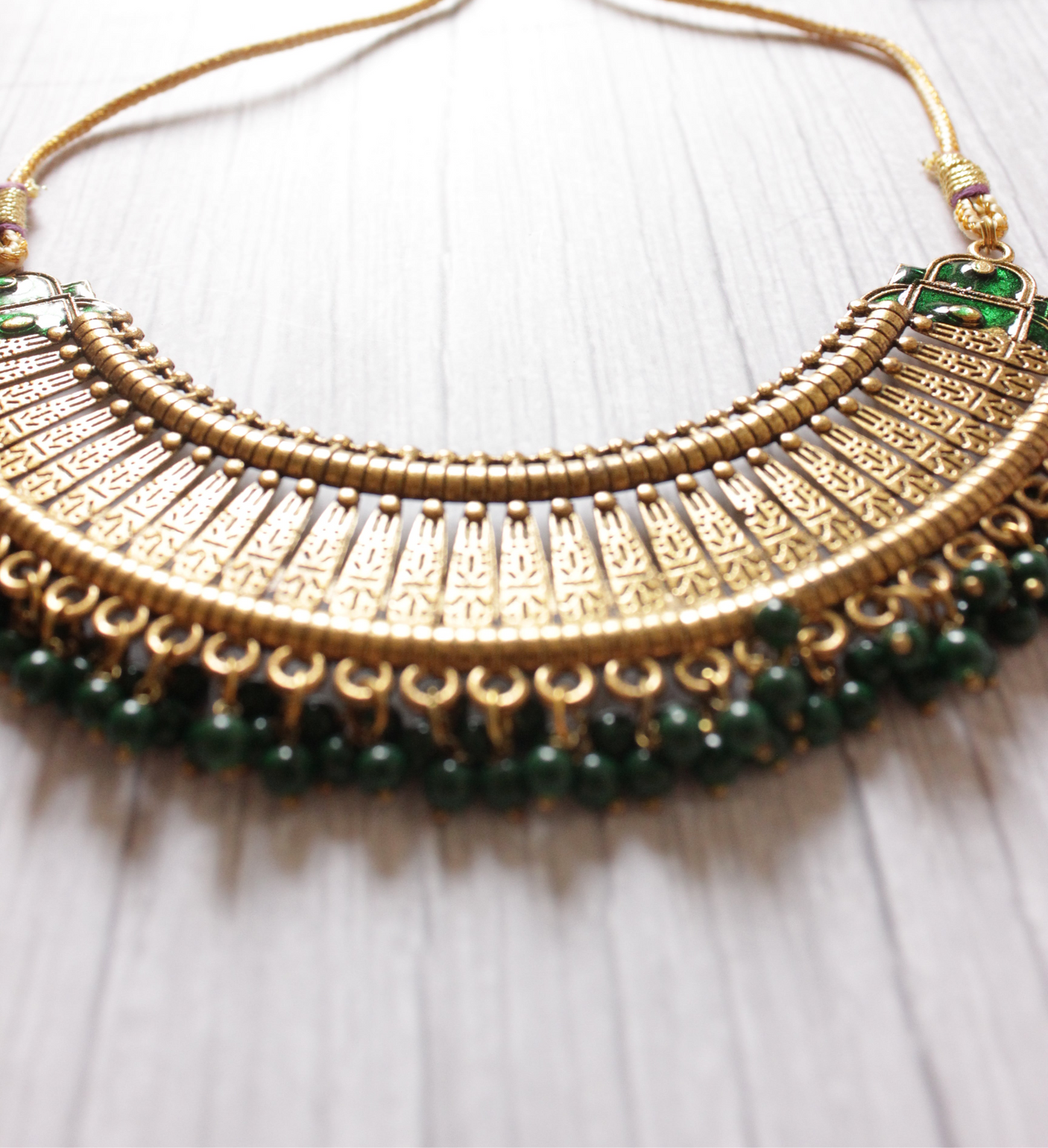 Green Stones Detailing Gold Finish Choker Necklace Set