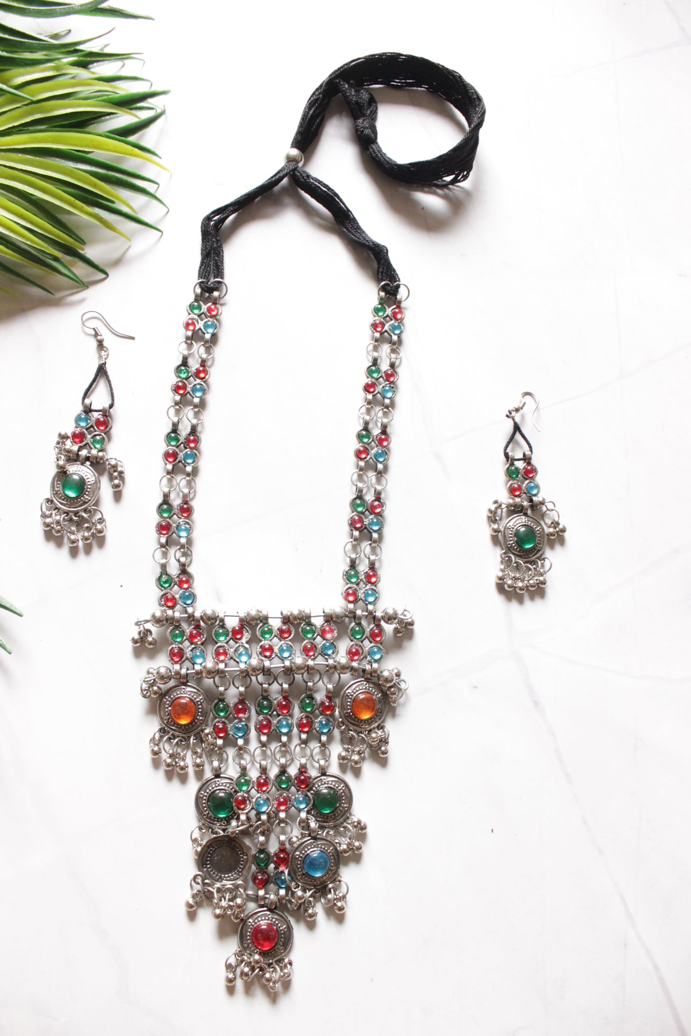 Multi-Color Glass Work Oxidised Finish Long Adjustable Length Necklace Set