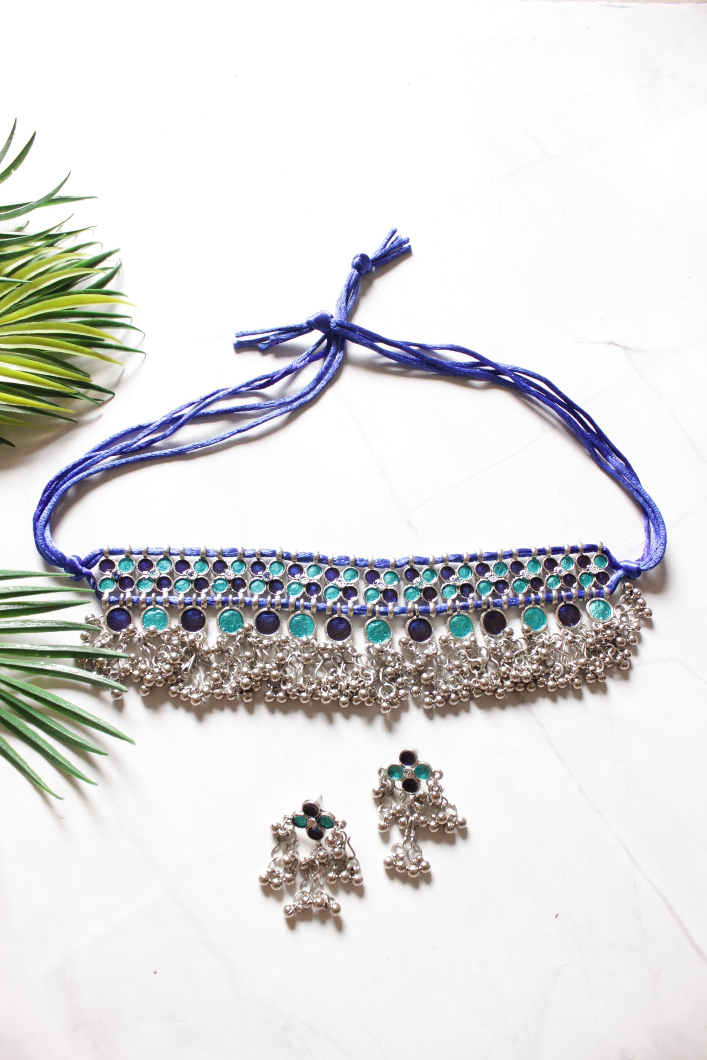 Shades of Blue Glass Stones Adjustable Choker Necklace Set