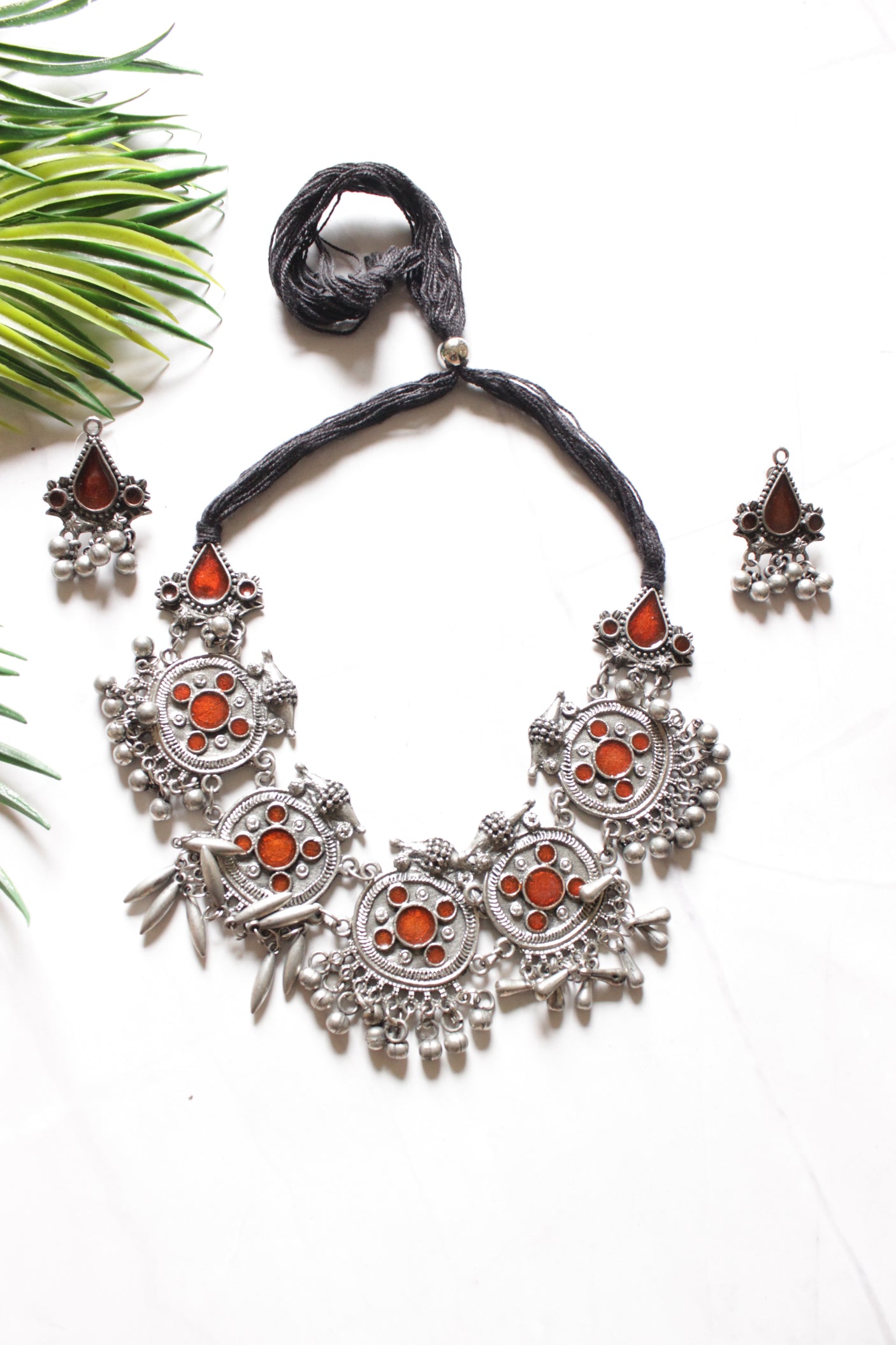 Red Enamel Painted Premium Oxidised Finish Choker Necklace Set