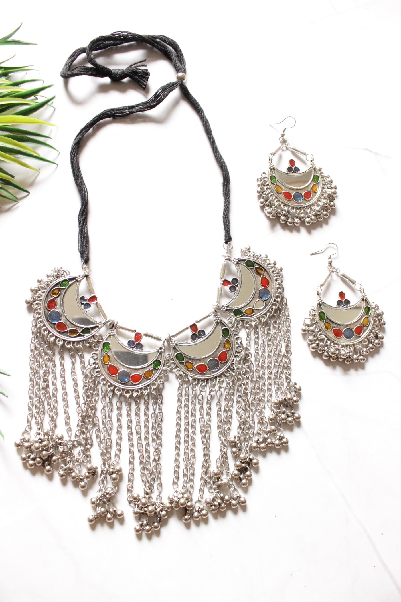 Half Moon Shape Metal Charms Premium Oxidised Finish Adjustable Length Afghani Choker Necklace Set