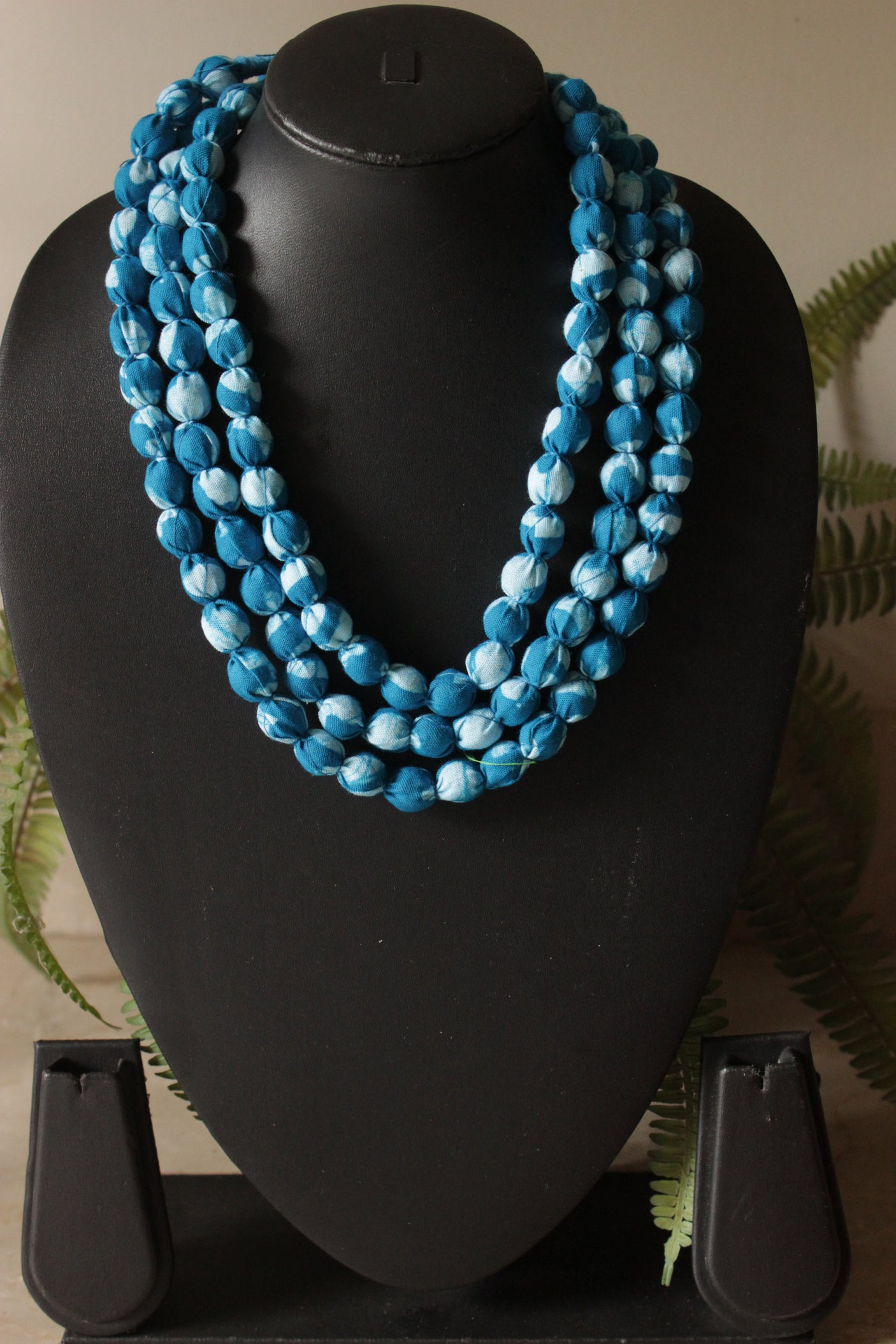 Multi-Layer Shades of Blue Earthy Tones Fabric Beads Necklace