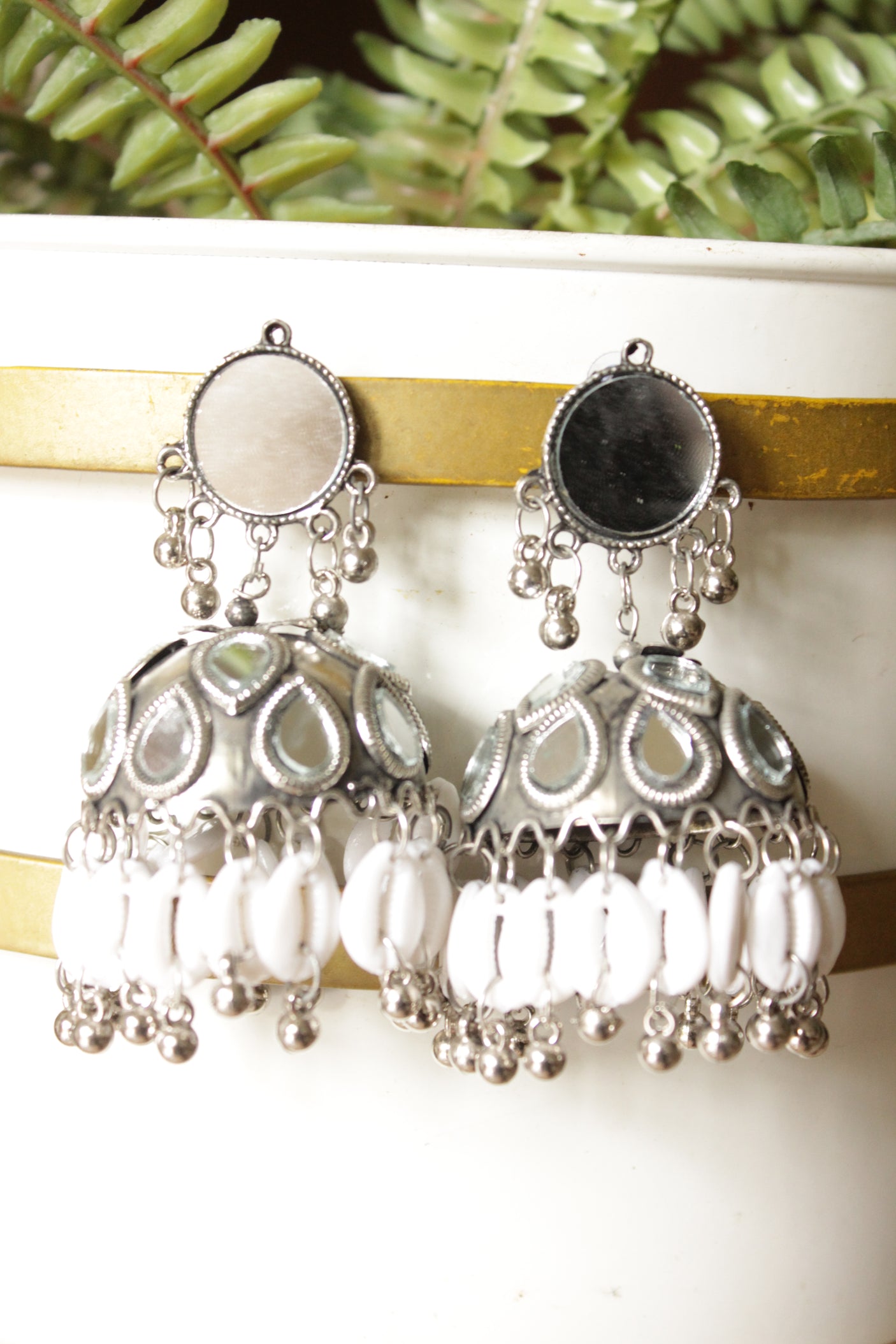 Mirror and Shell Oxidised Finish Lightweight Metal Jhumka