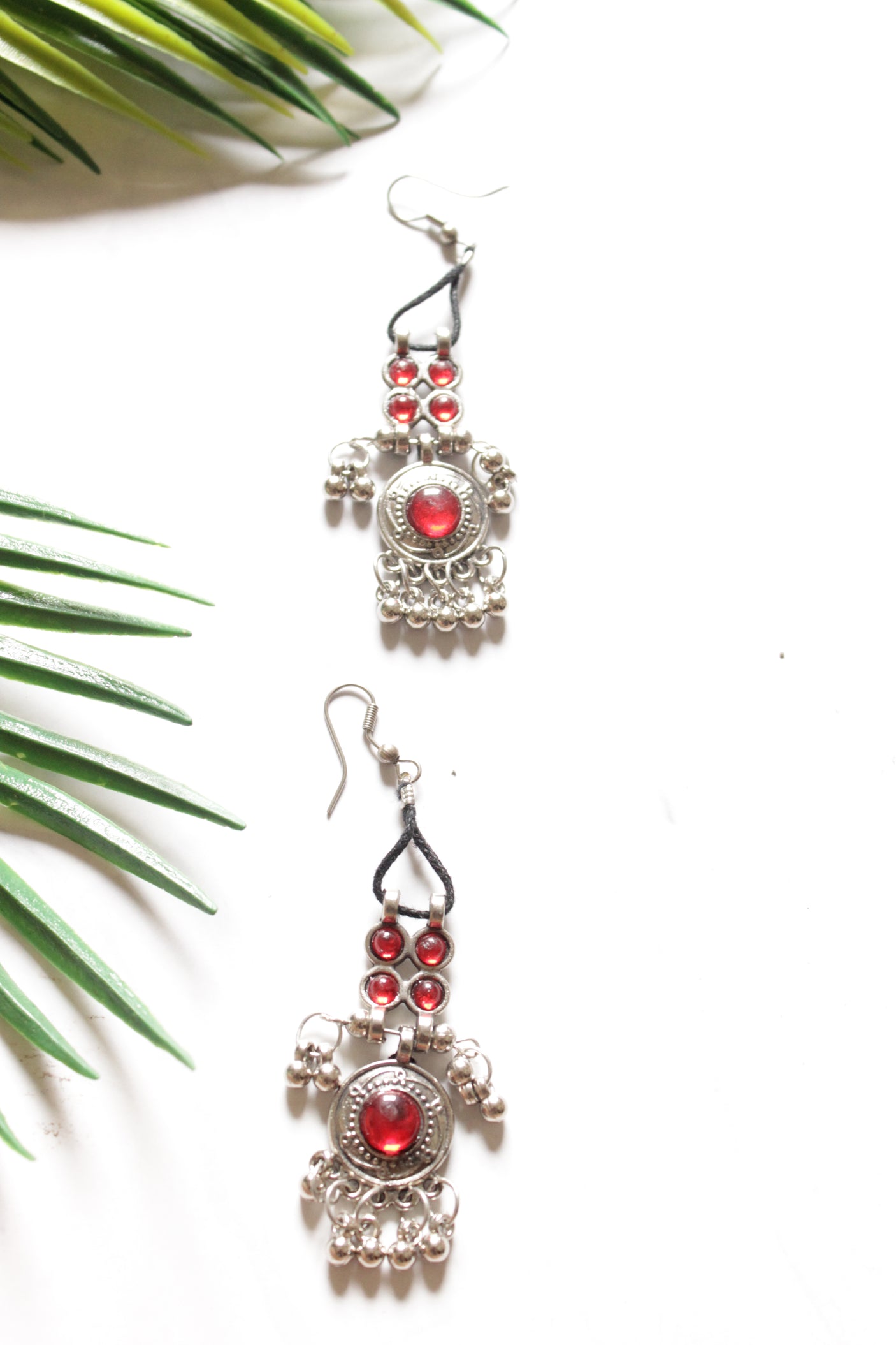 Red Glass Work Oxidised Finish Long Adjustable Length Necklace Set