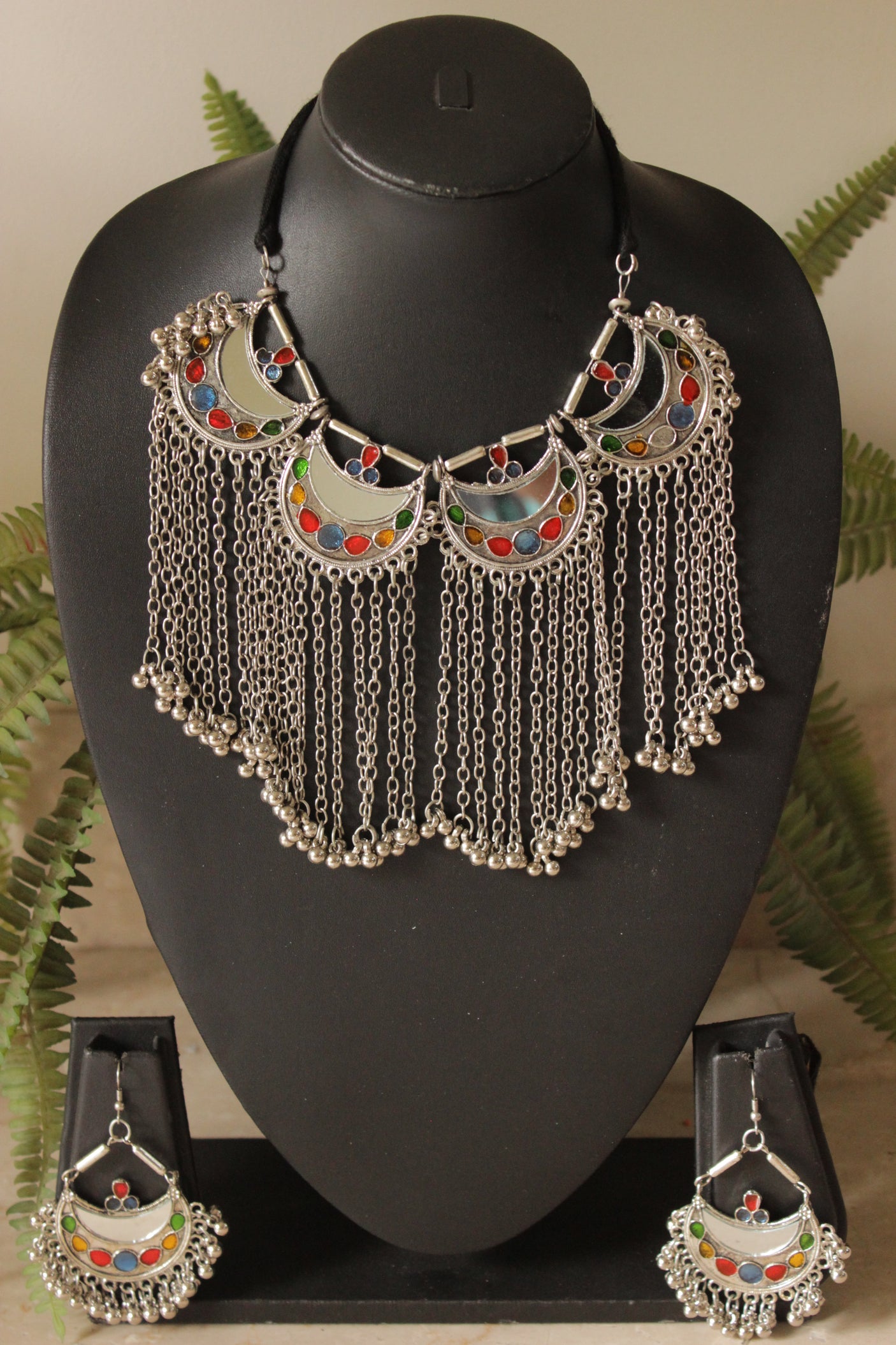 Half Moon Shape Metal Charms Premium Oxidised Finish Adjustable Length Afghani Choker Necklace Set