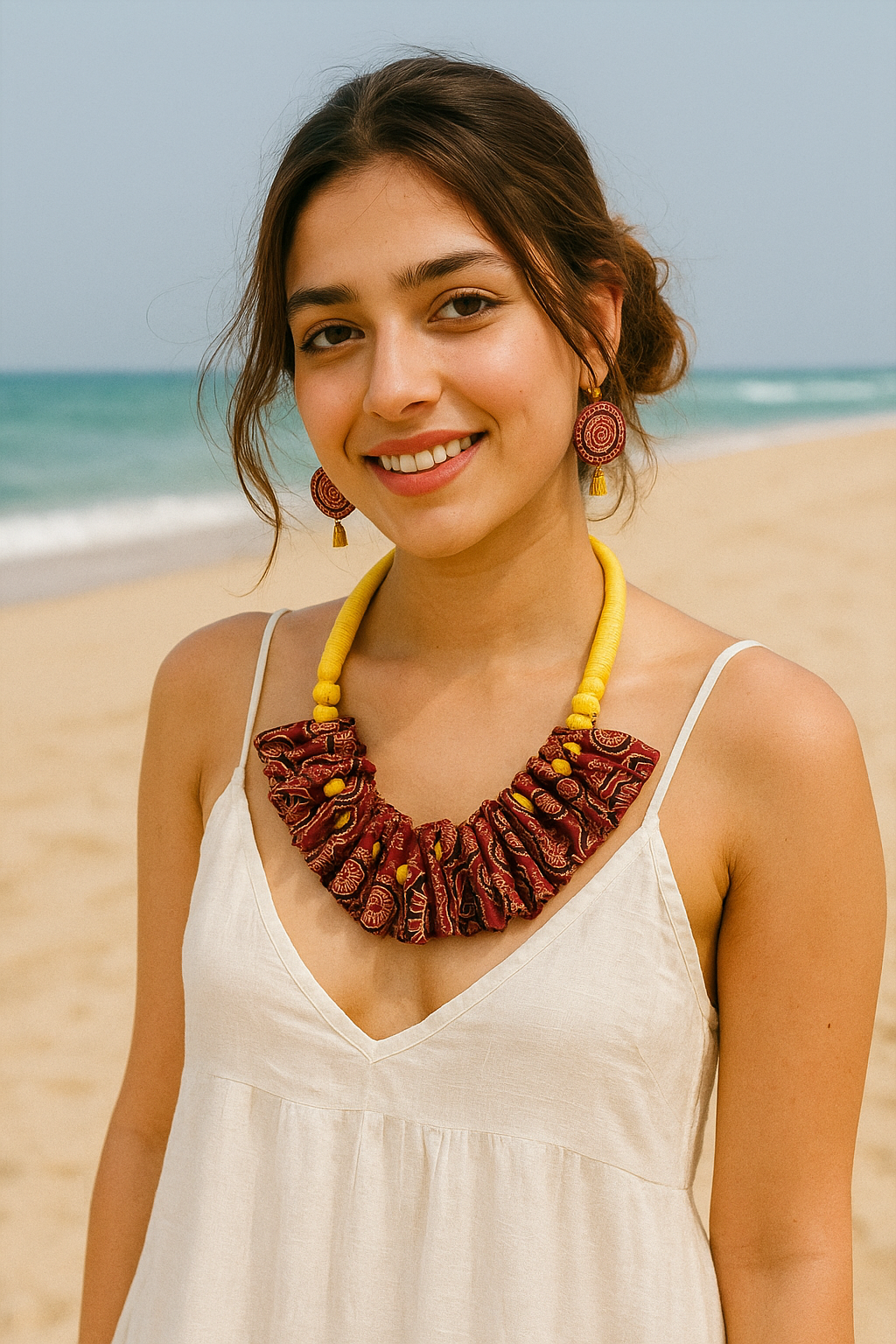 Ajrakh Cotton Fabric and Beads Handmade Necklace Set