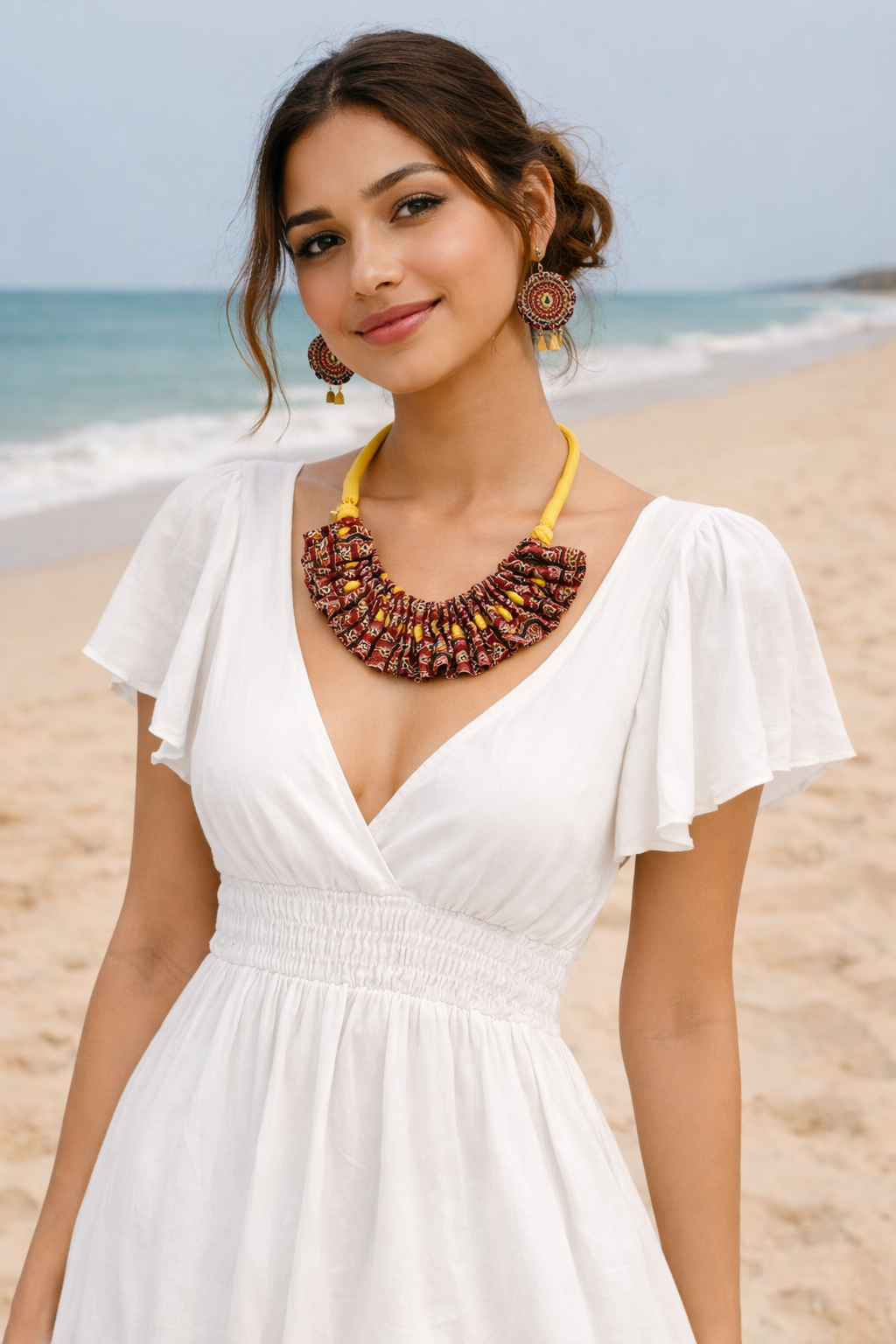 Ajrakh Cotton Fabric and Beads Handmade Necklace Set
