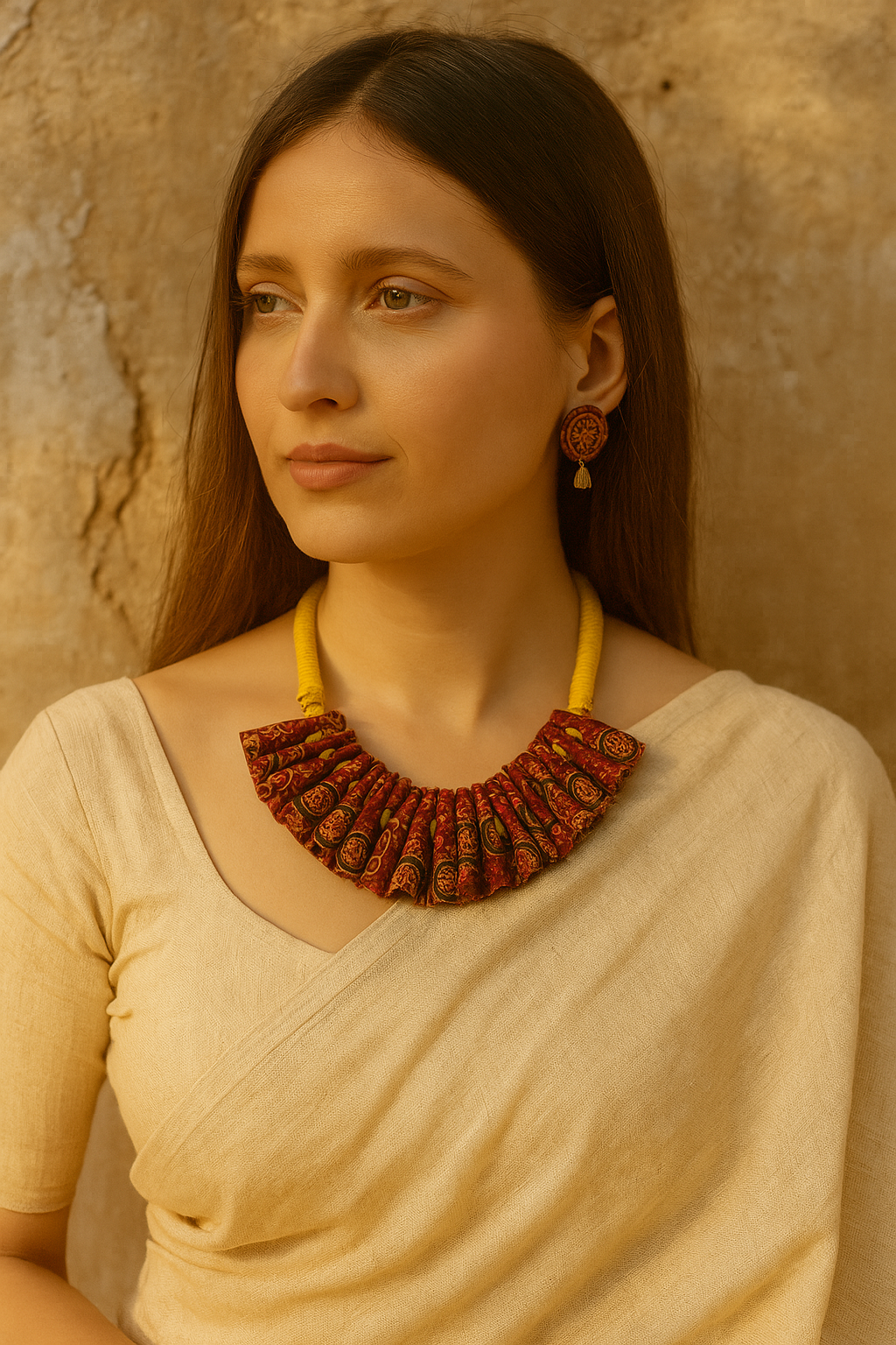 Ajrakh Cotton Fabric and Beads Handmade Necklace Set