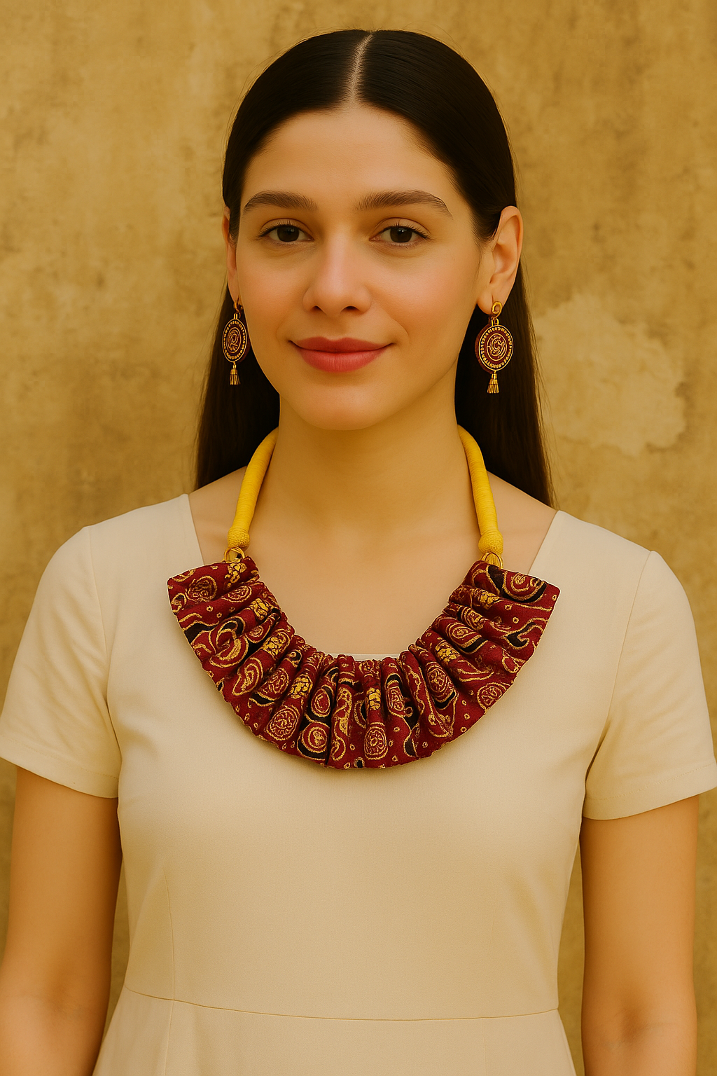 Ajrakh Cotton Fabric and Beads Handmade Necklace Set