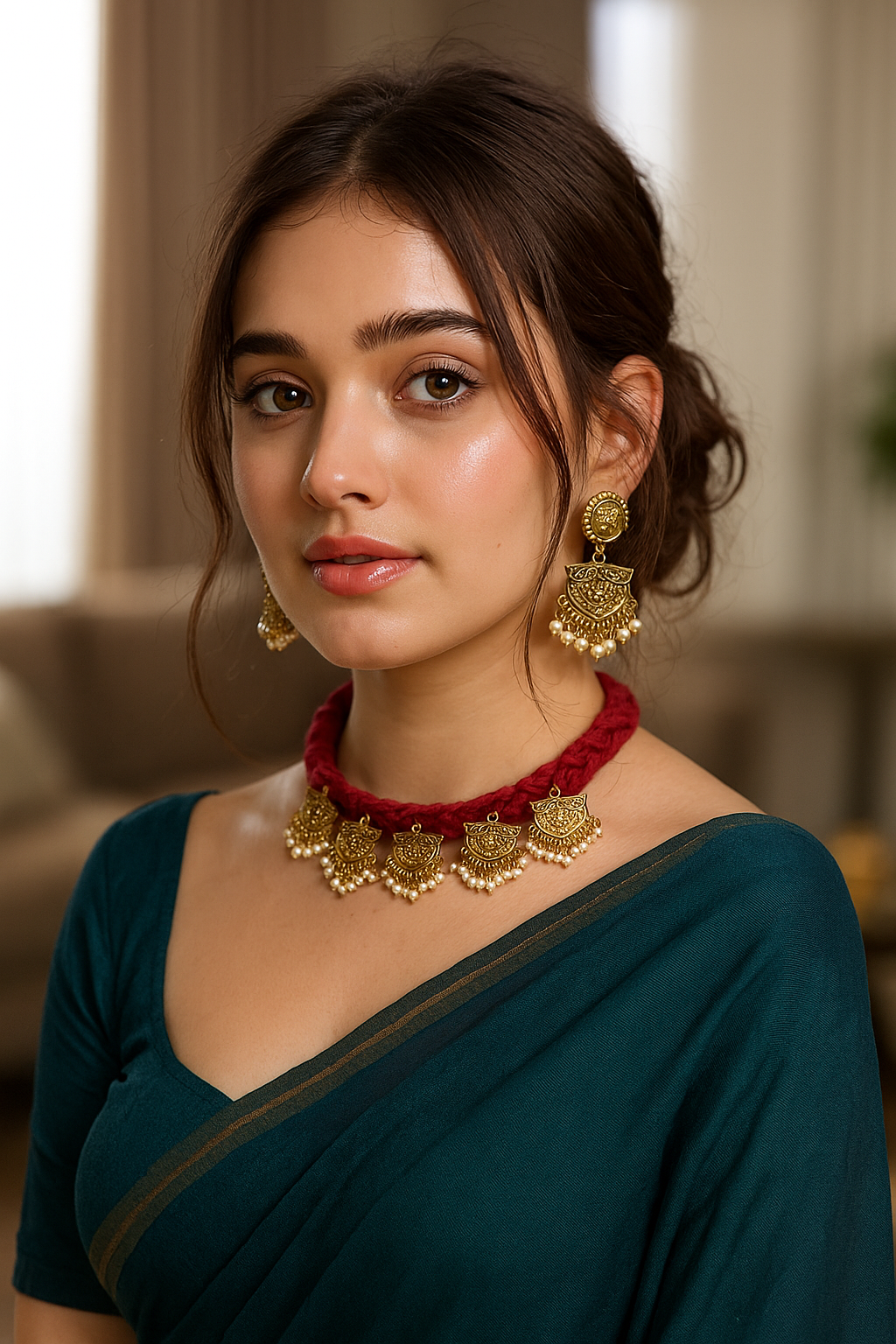 Antique Gold Finish Metal Charms Braided in Red Fabric Threads Handmade Necklace Set