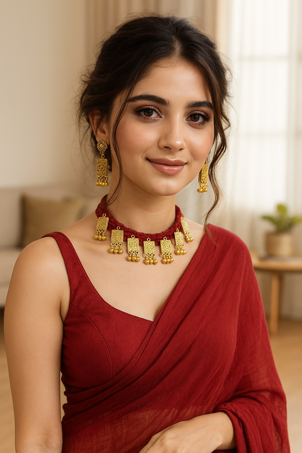 Antique Gold Finish Thread Work Hasli Necklace Set