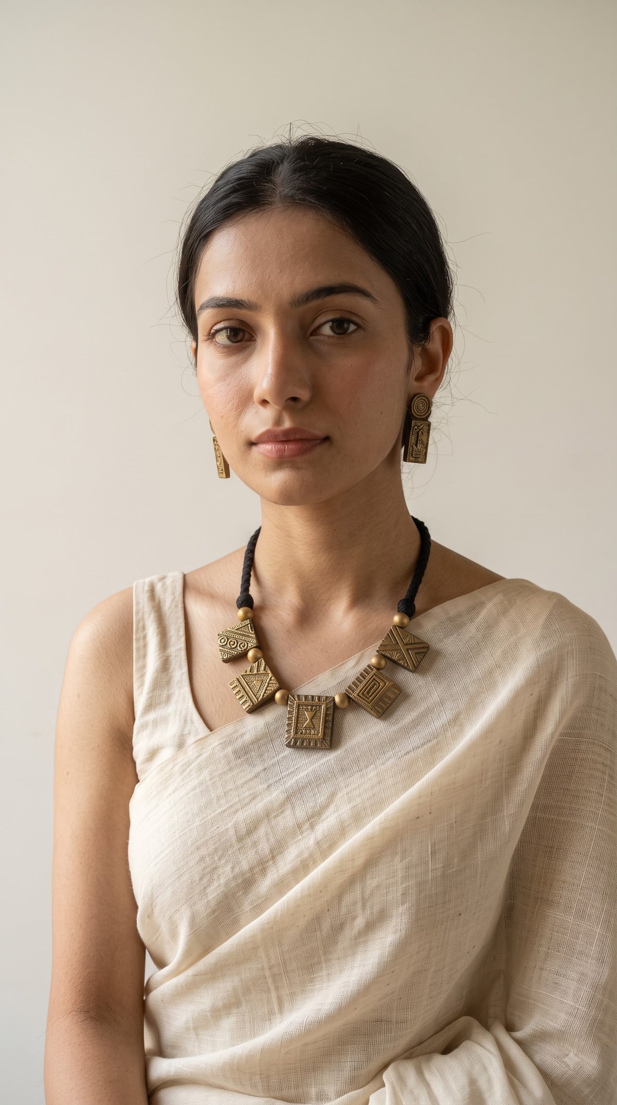 Antique Gold Warli Dancing Figures Handmade Terracotta Clay Choker Necklace Set