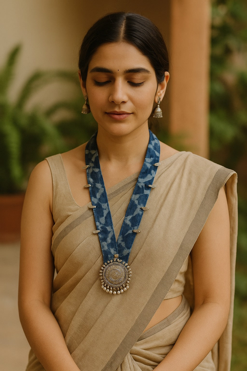 Indigo Block Printed Fabric and Oxidised Metal Pendant Collar Necklace Set