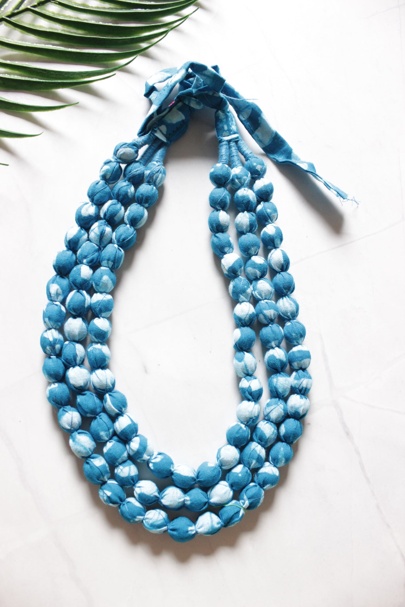 Multi-Layer Shades of Blue Earthy Tones Fabric Beads Necklace