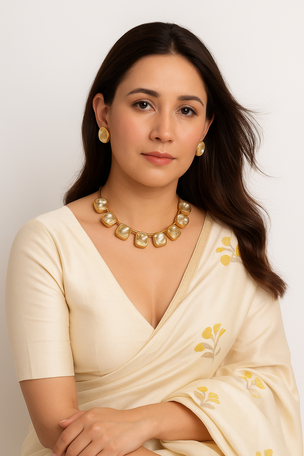 Baroque Pearls Natural Gemstones Embedded Gold Toned Brass Necklace Set