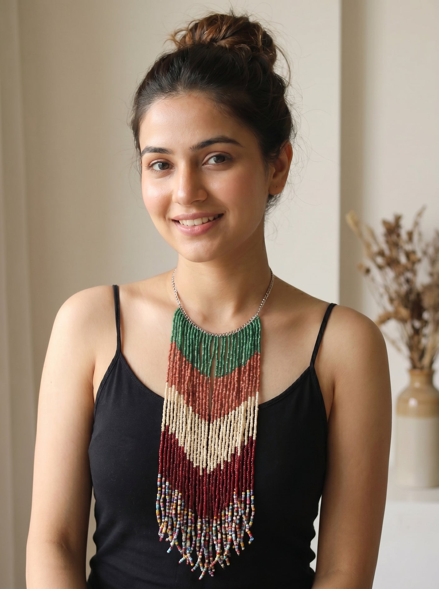 Beads and Metal Chains Statement Handmade Long Boho Choker Necklace
