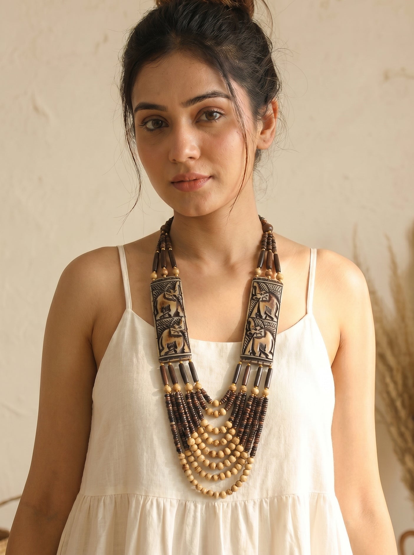 Beige and Brown Bone Beads Statement Necklace with Elephant Motifs
