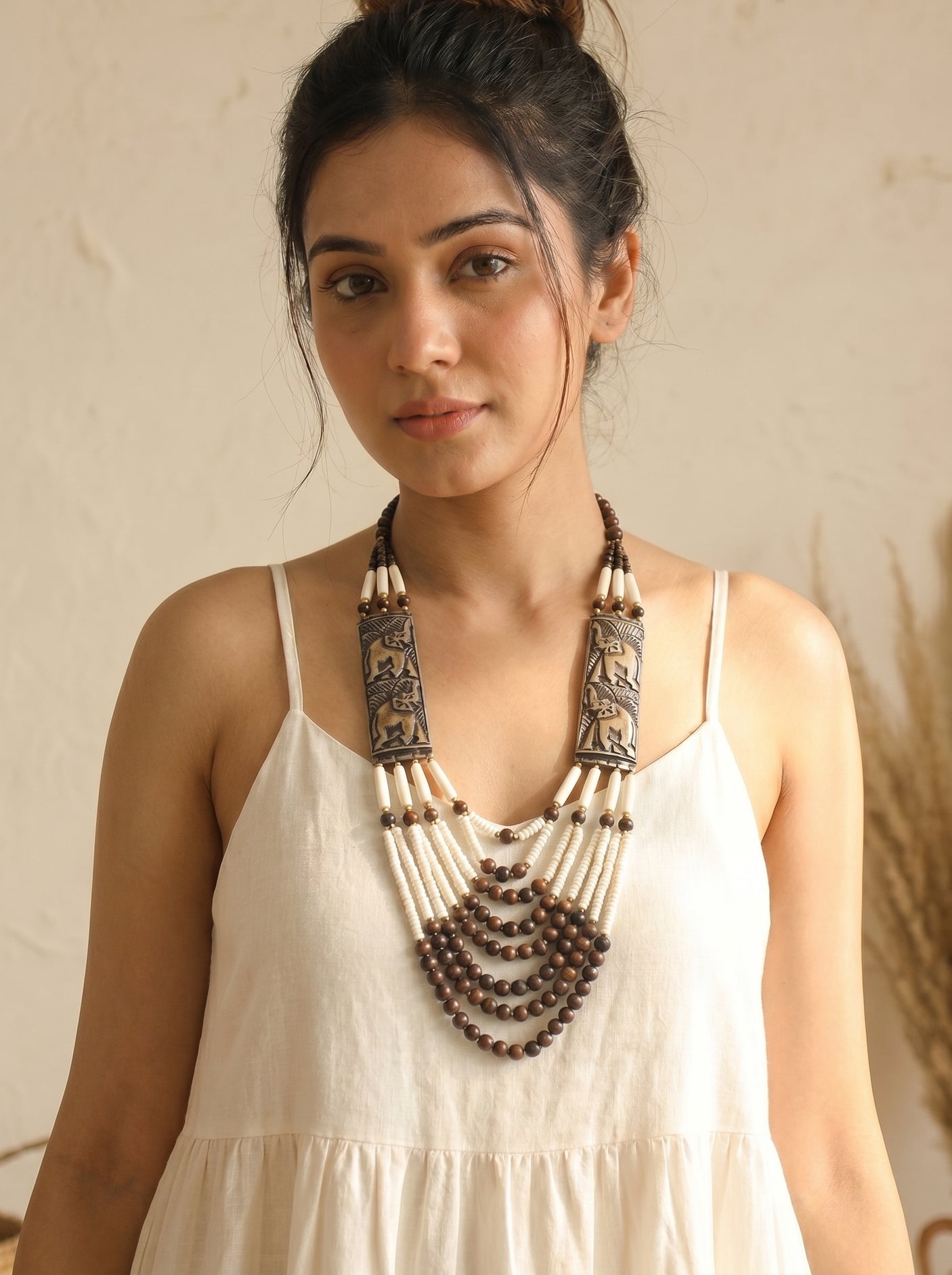 White and Brown Bone Beads Statement Necklace with Elephant Motifs