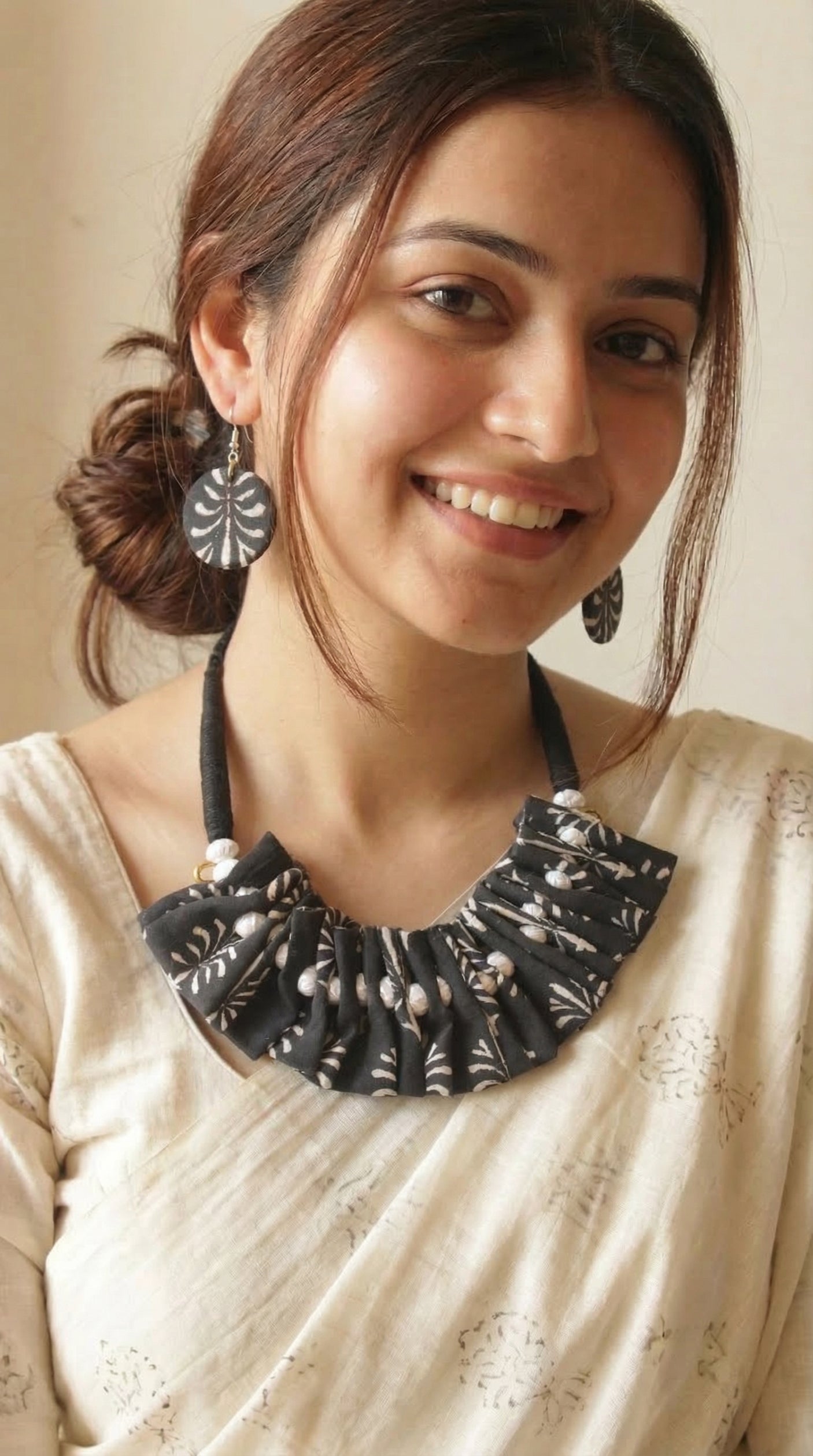 Black Bagru Block Printed Fabric Pleated Necklace Set