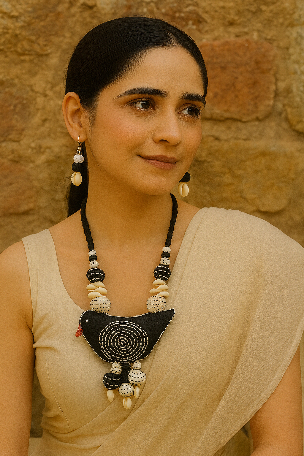 Kantha Embroidered Black and White Fabric Handmade Necklace