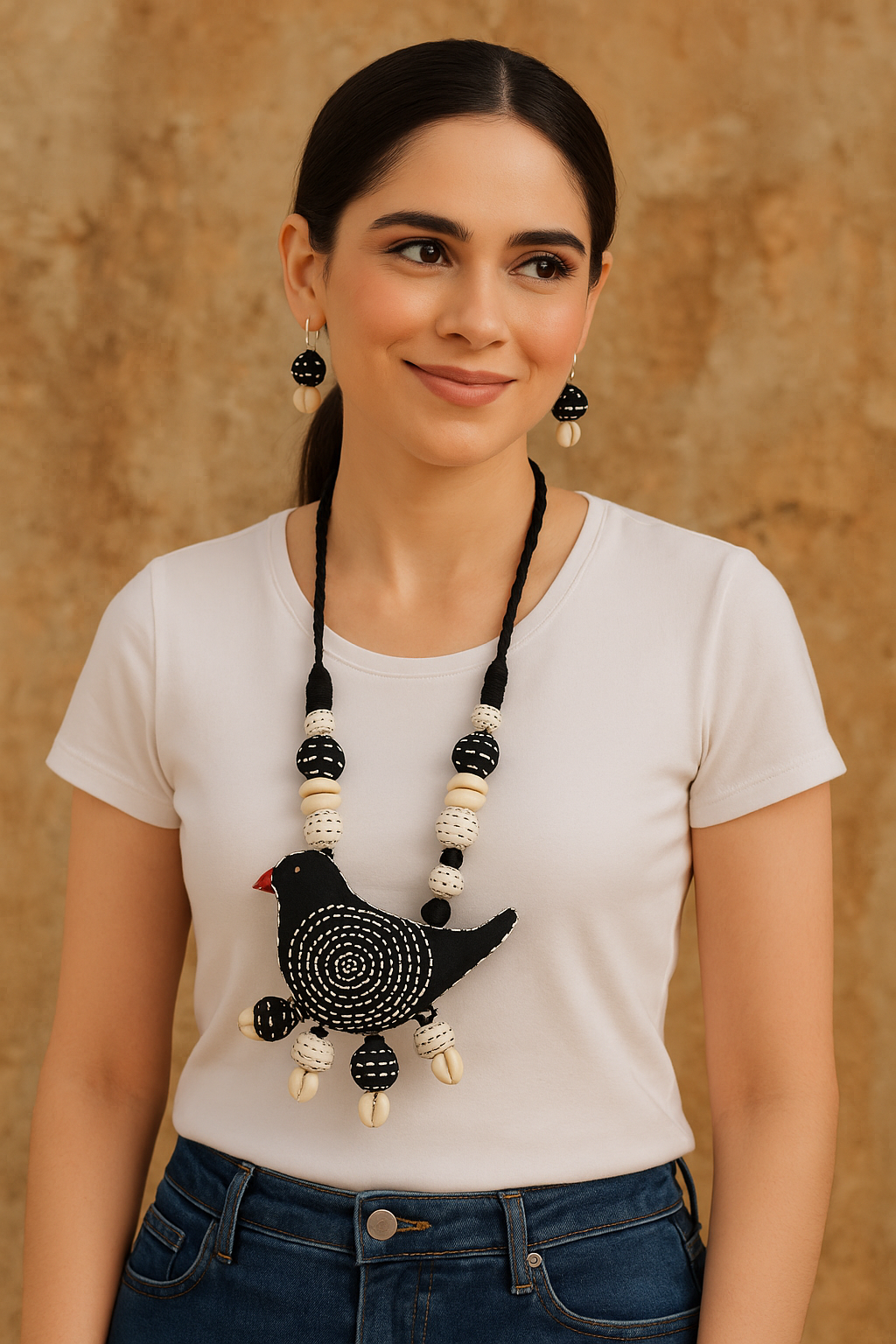 Kantha Embroidered Black and White Fabric Handmade Necklace
