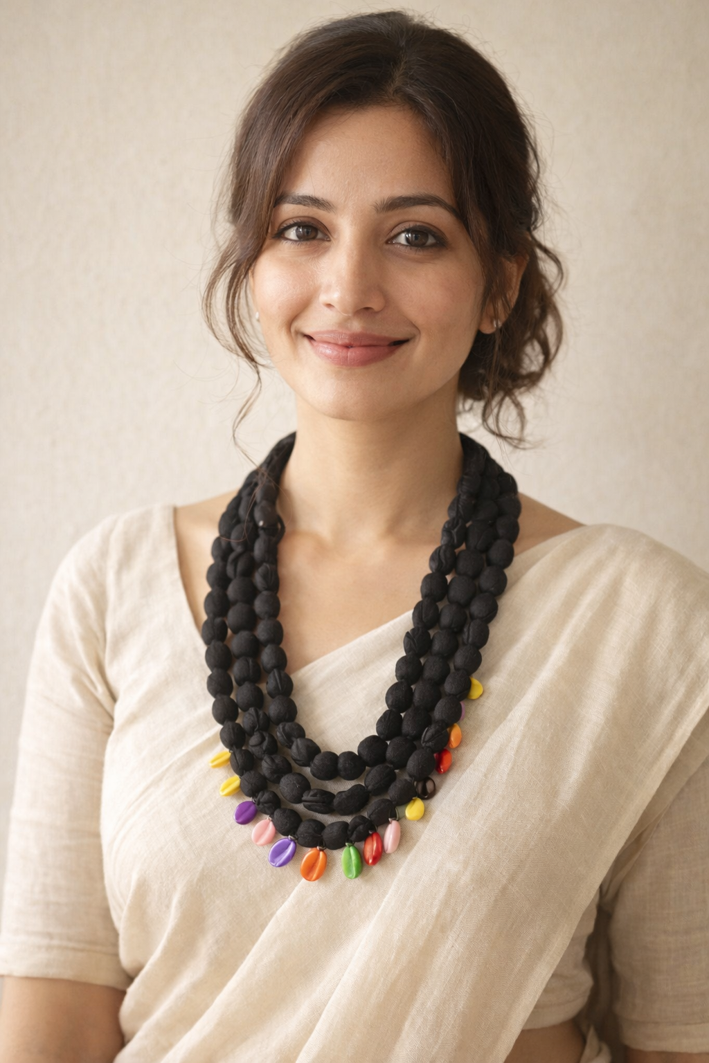 Black Fabric Beads 3 Layer Handmade Necklace