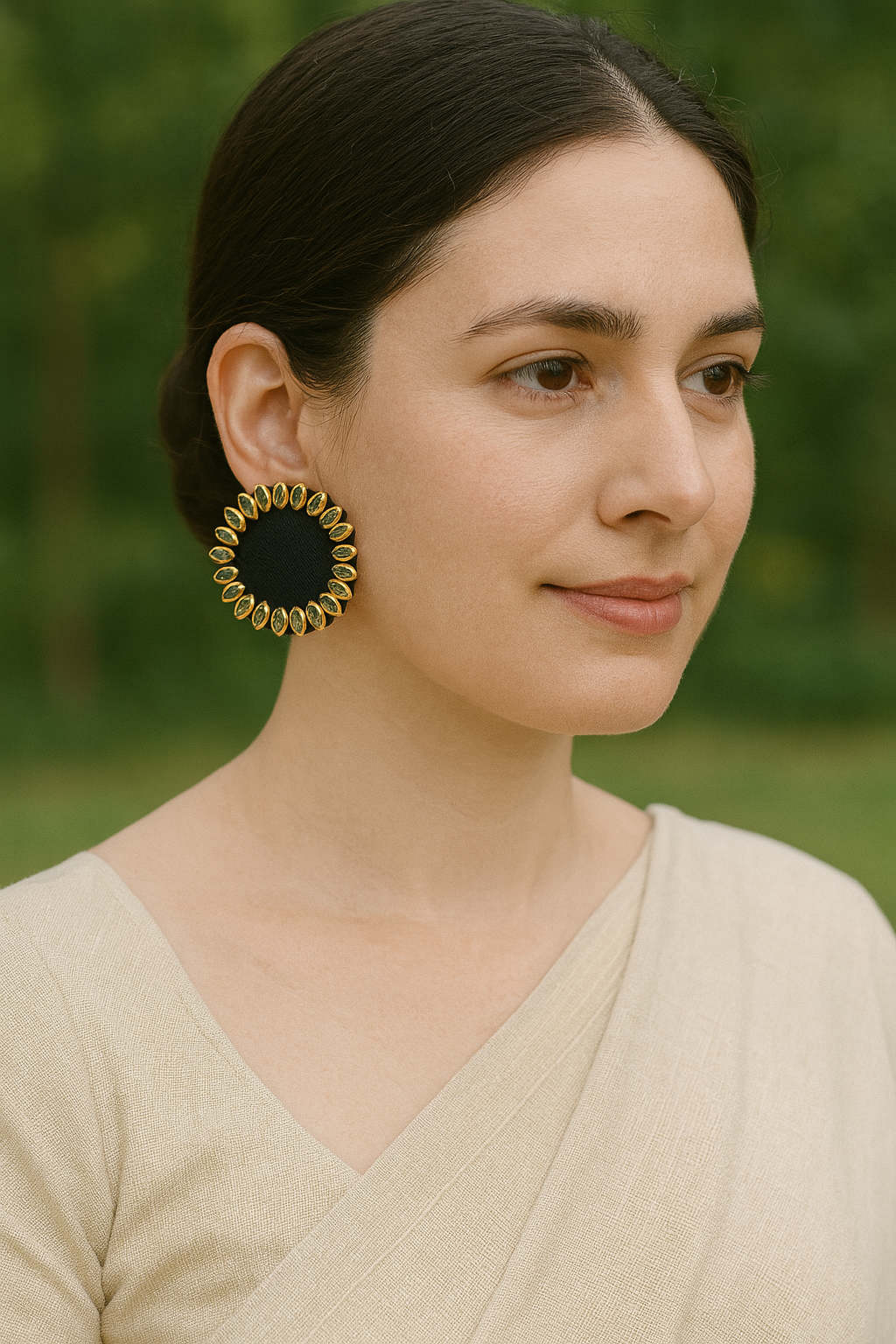 Kundan Stones Embellished Black Fabric Gold Toned Stud Earrings