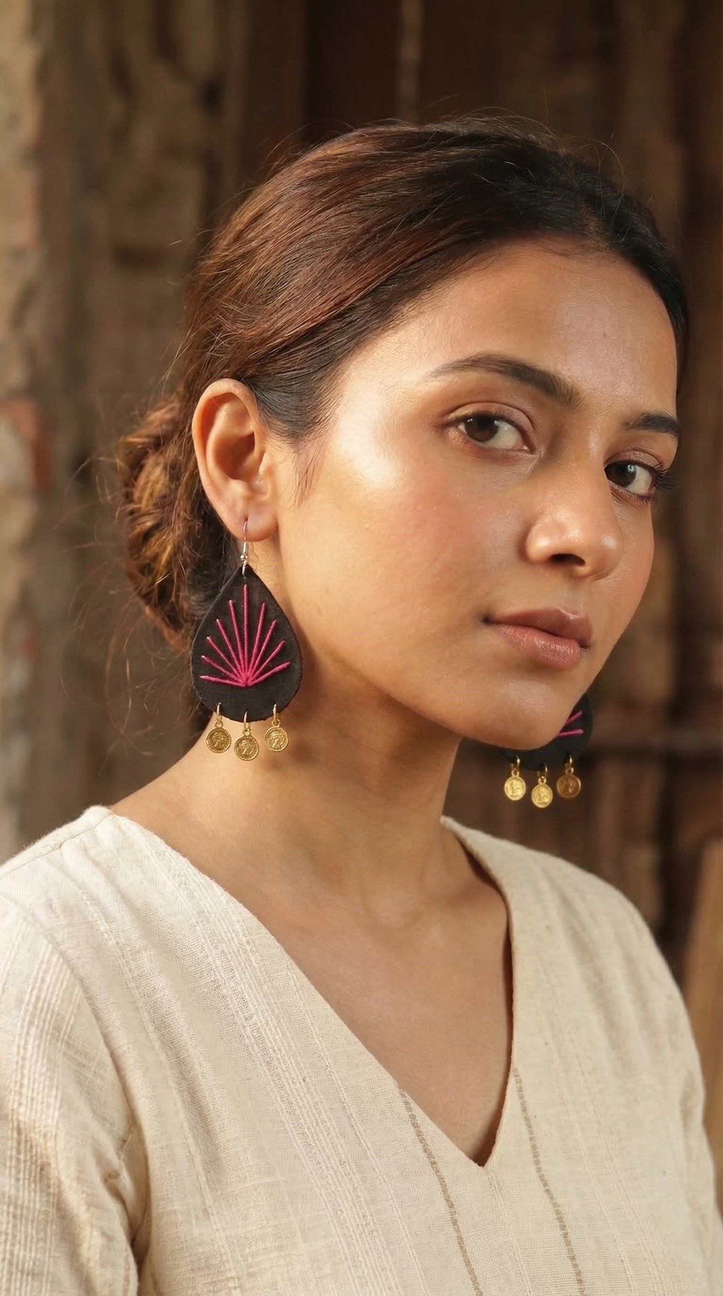 Black Fabric Teardrop with Pink Sunburst Embroidery & Gold Coins Earrings