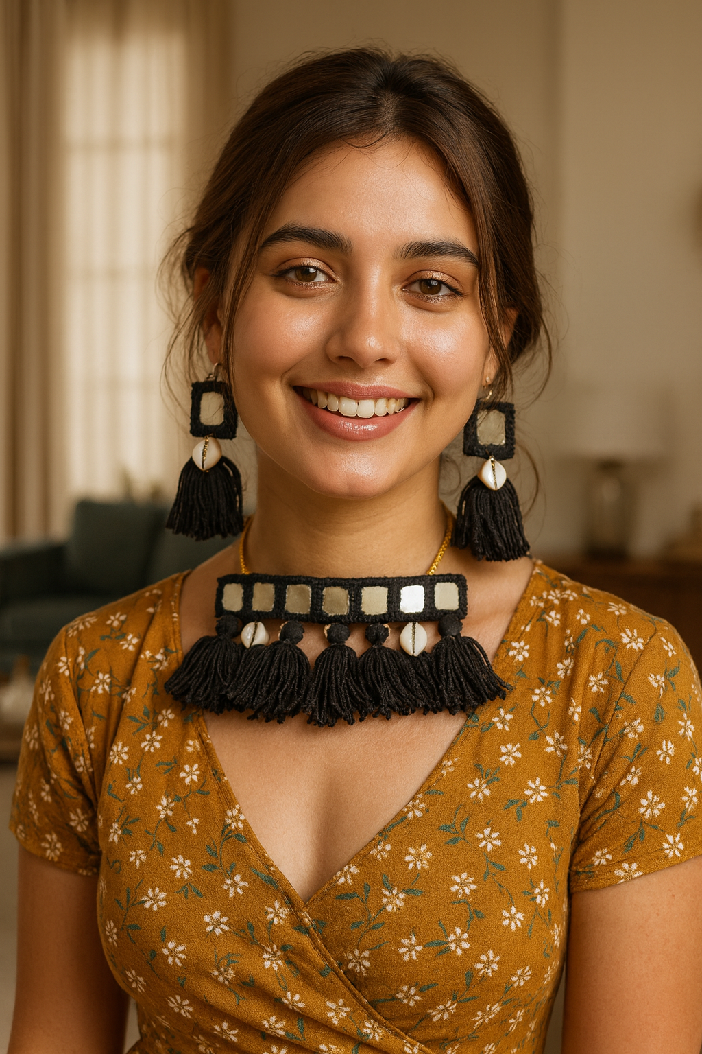 Mirror and Shells Black Fabric Threads Choker Necklace