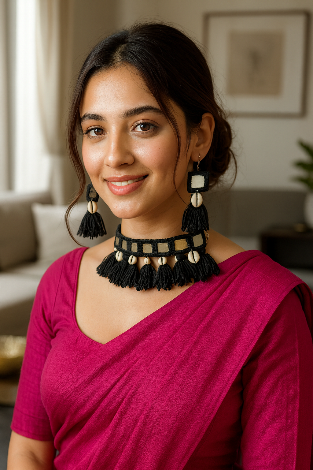 Mirror and Shells Black Fabric Threads Choker Necklace