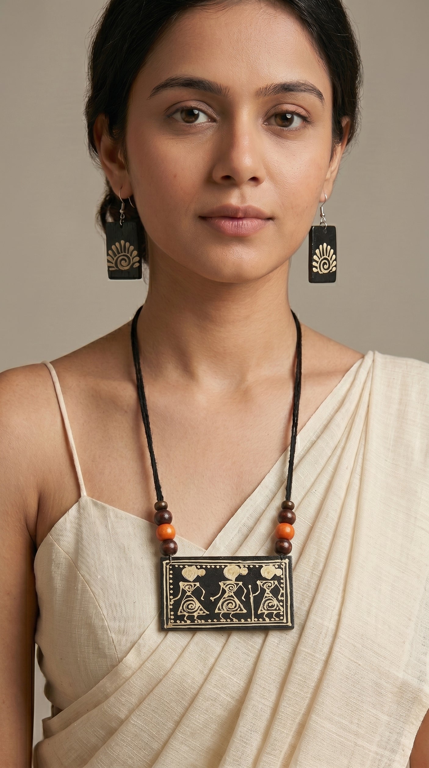 Black Hand Painted Warli Art Thread Closure Ceramic Necklace Set